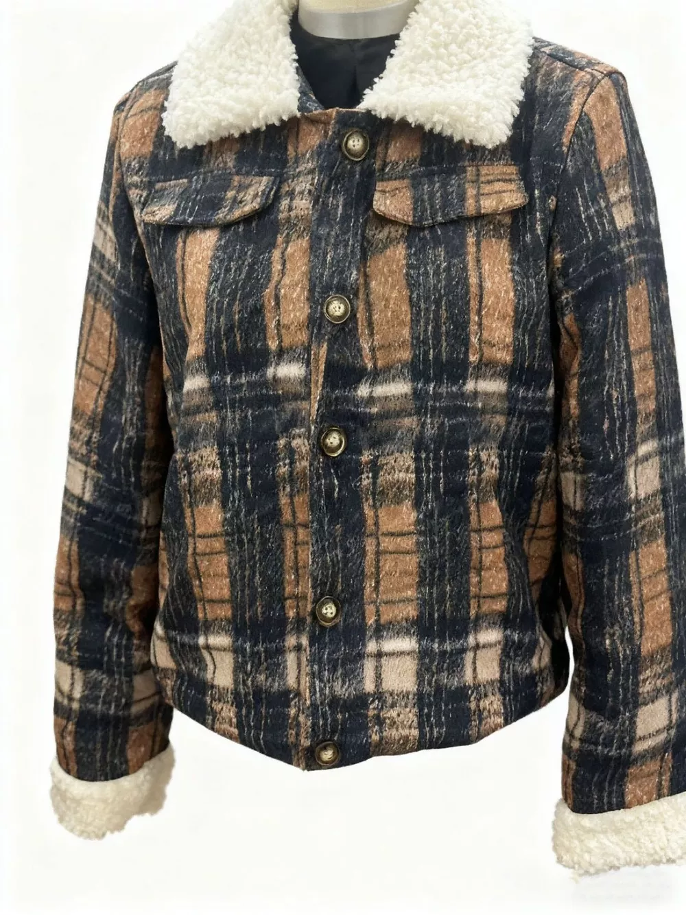 Sherpa-Lined Plaid Button-Down Outerwear, image 2