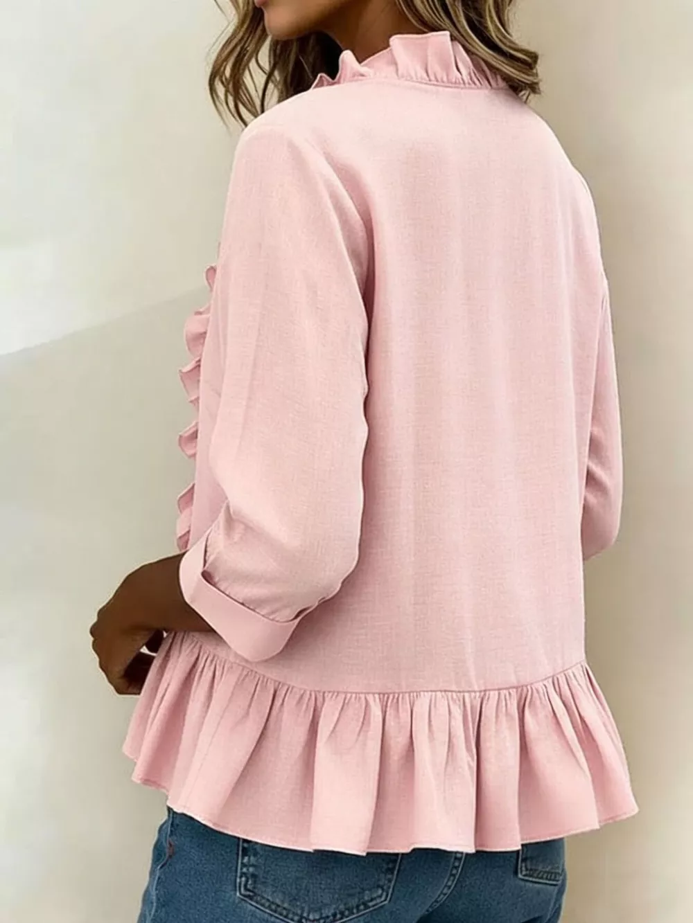 Full Size Ruffled V-Neck Long Sleeve Blouse Plus Size, image 3