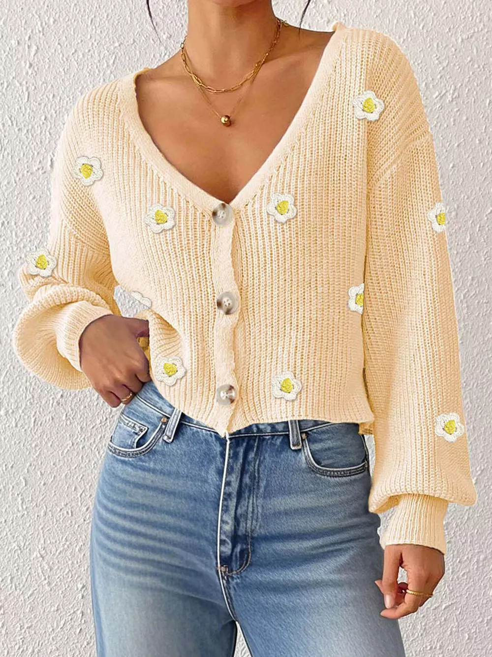 Floral V-Neck Button-Down Cropped Cardigan, image 7