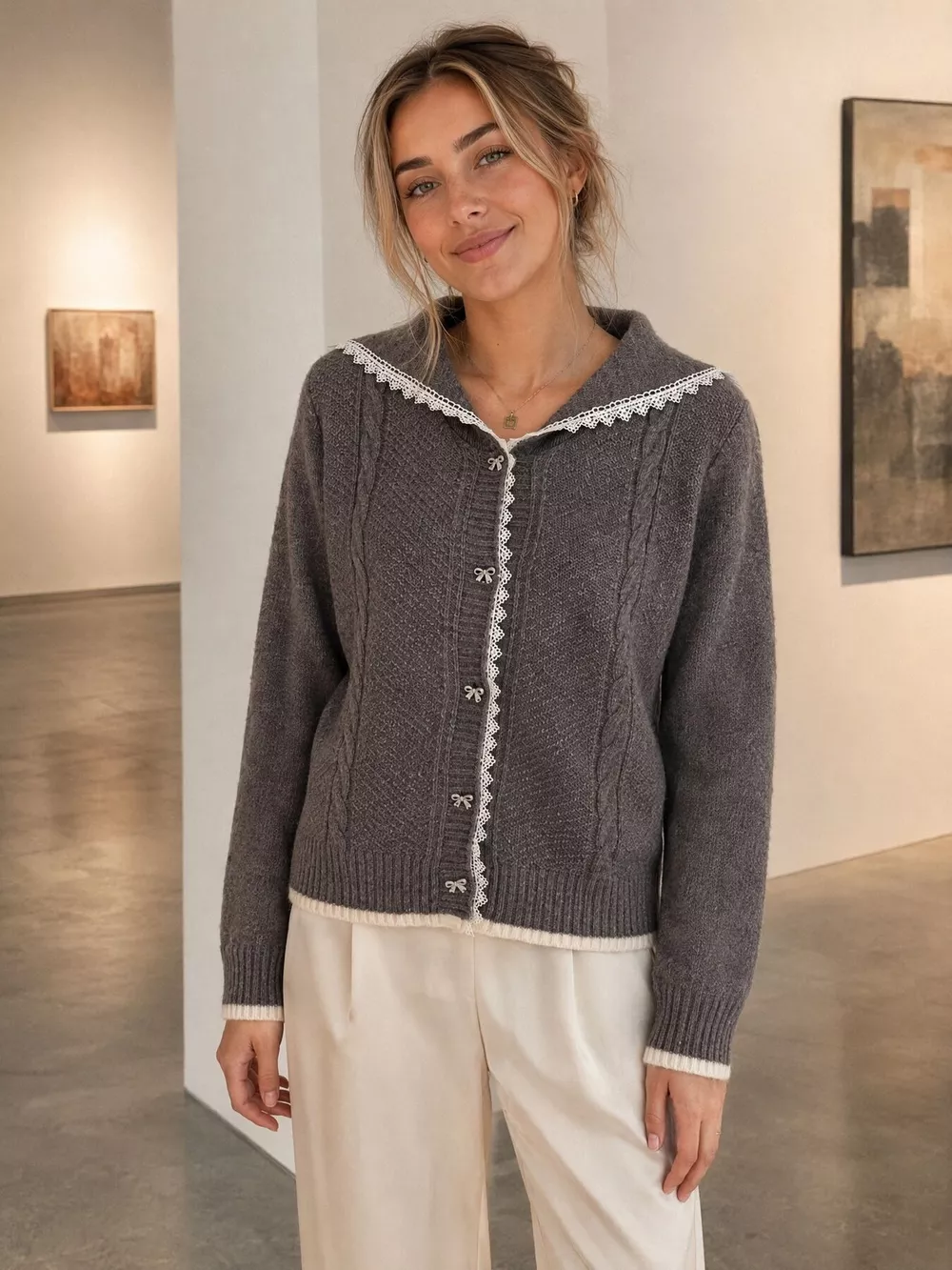 Cable-Knit Cardigan with Lace Trim, image 9