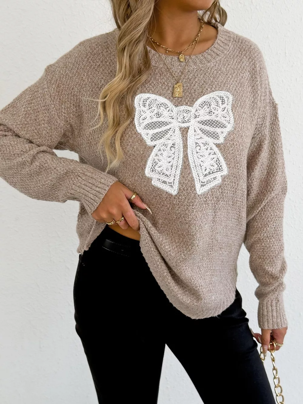 Lace Bow Embroidered Round Neck Sweater, image 2
