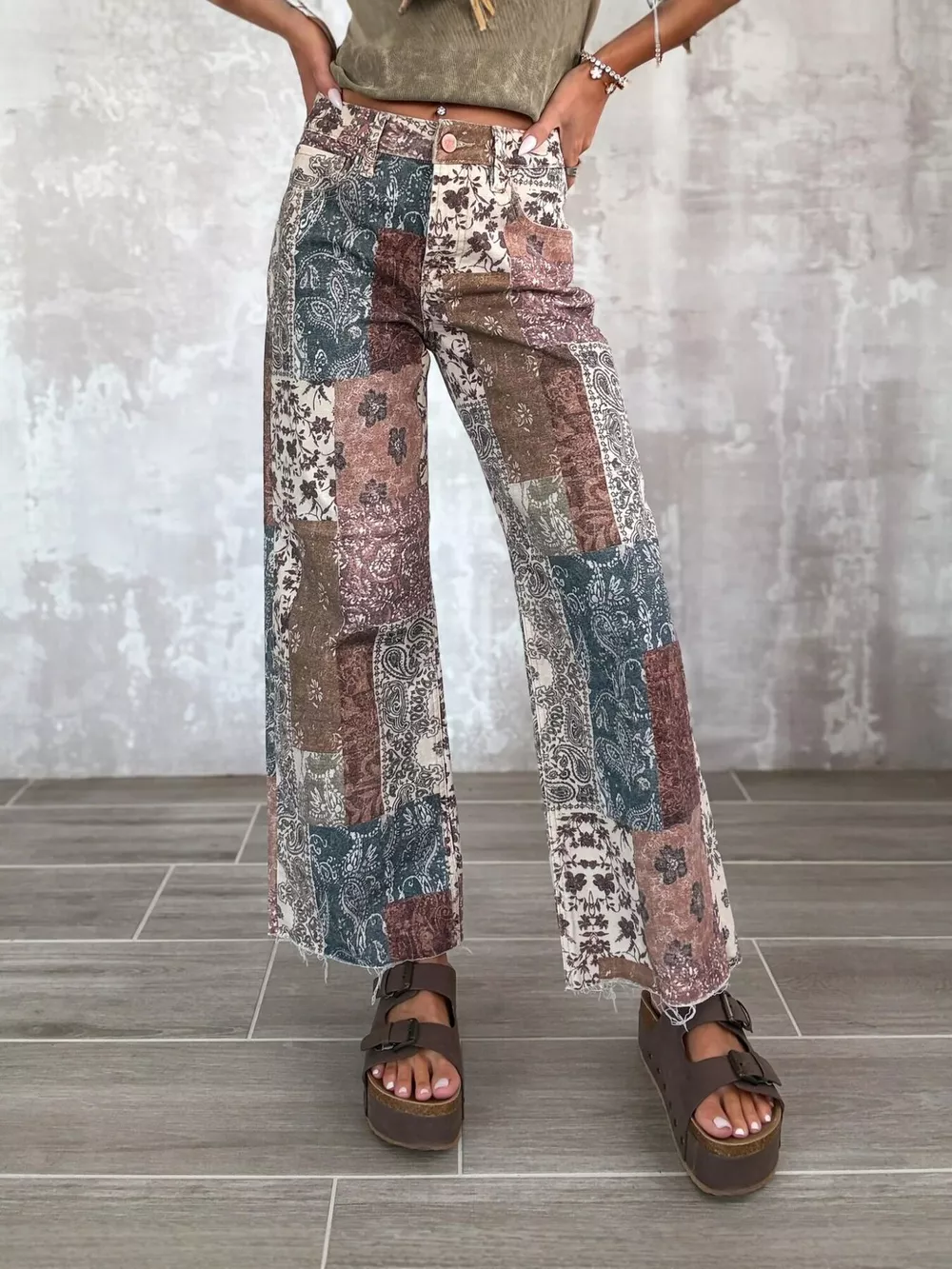 Boho-Chic Patchwork Print Flare Pants, image 2