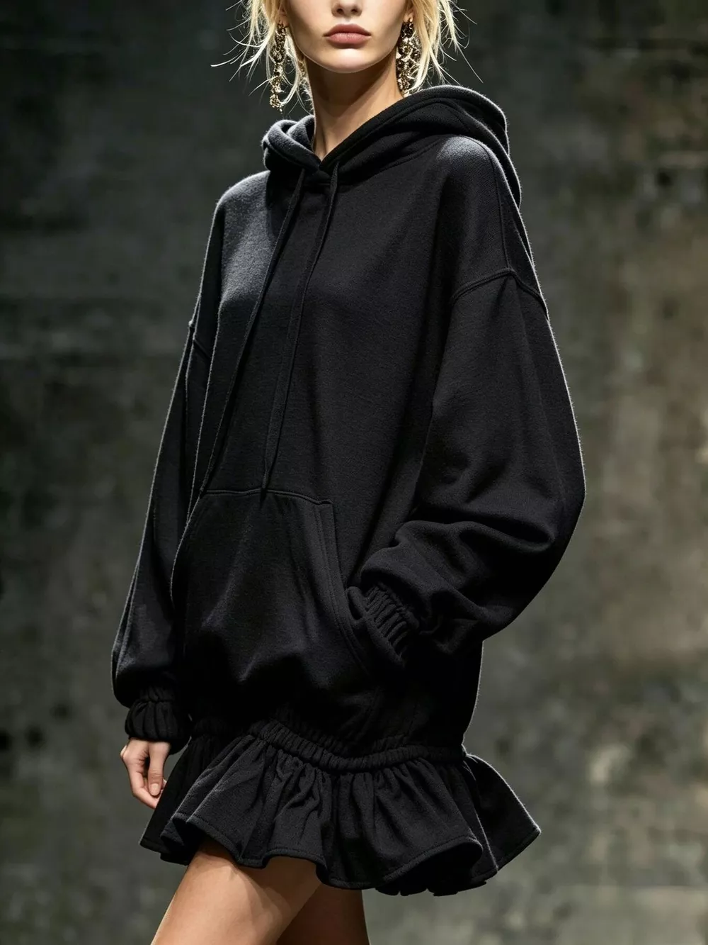 Hoodie Sweatshirt Mini Dress with Ruffled Hem, image 9