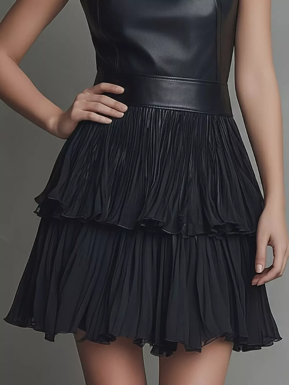 Sleeveless Faux Leather Layered Pleated Mini Dress, image 5