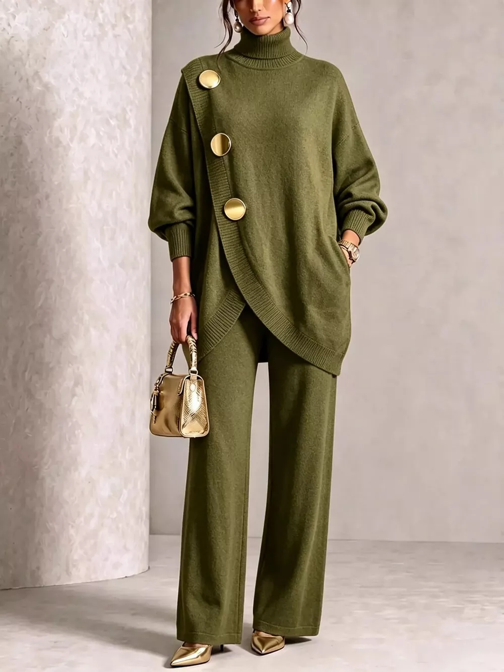 Gold Button Accent Turtleneck Sweater and Pants Set, image 3