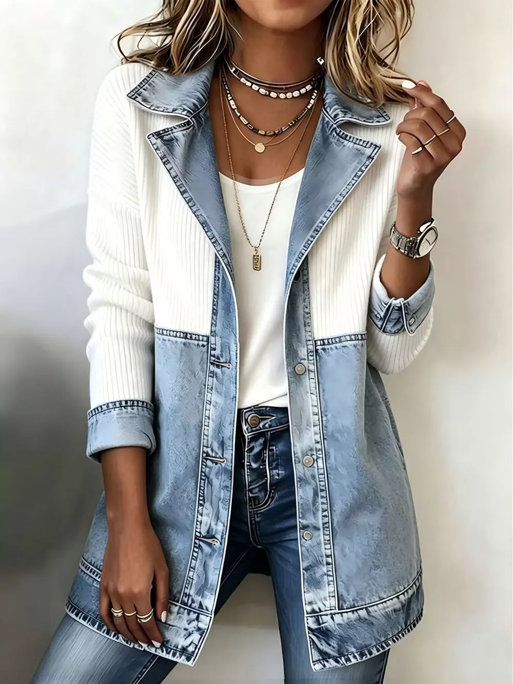 Color-Block Denim and Knit Patchwork Casual Jacket, image 2
