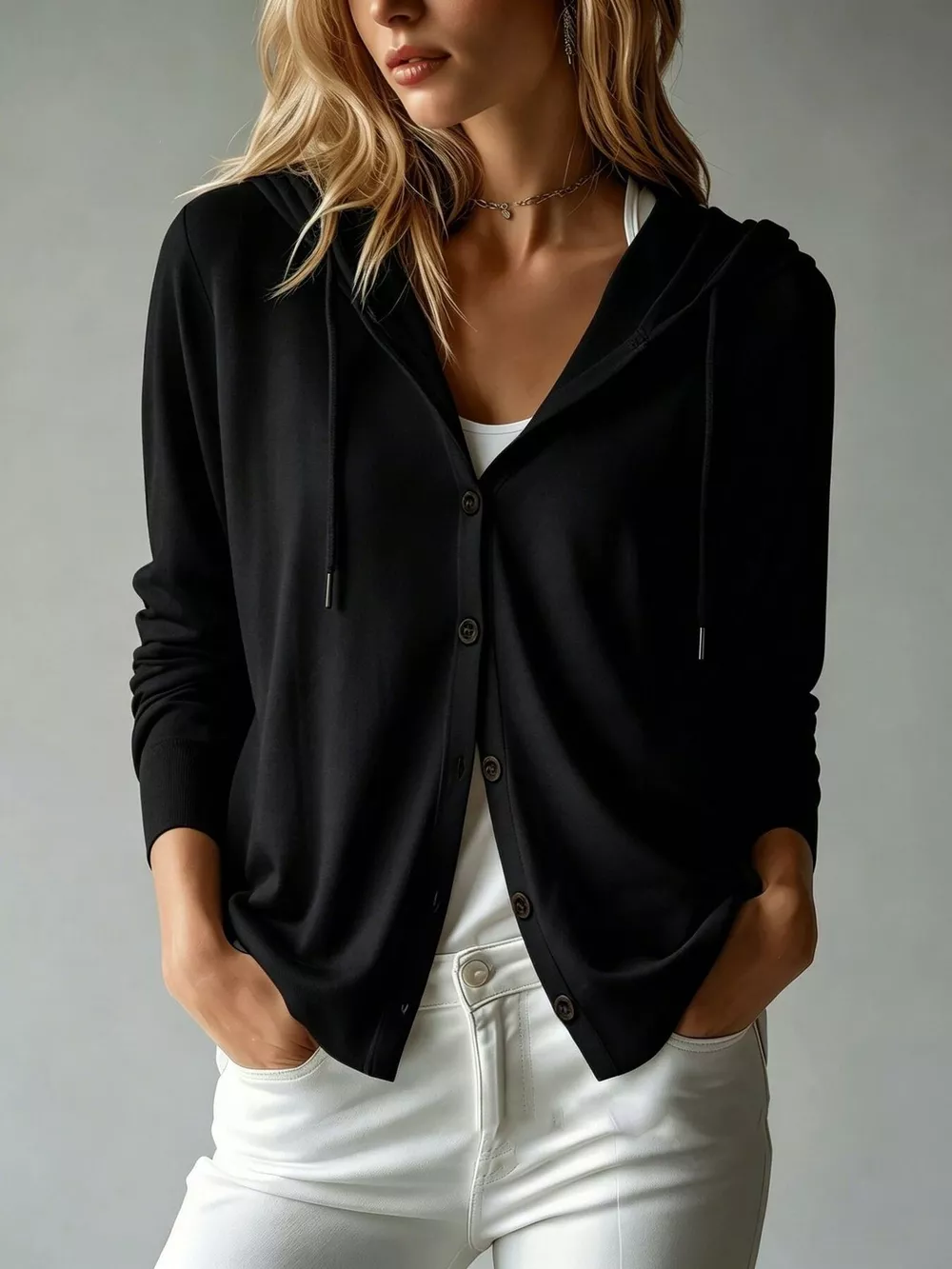 Drawstring Button Down Hooded Cardigan, image 5