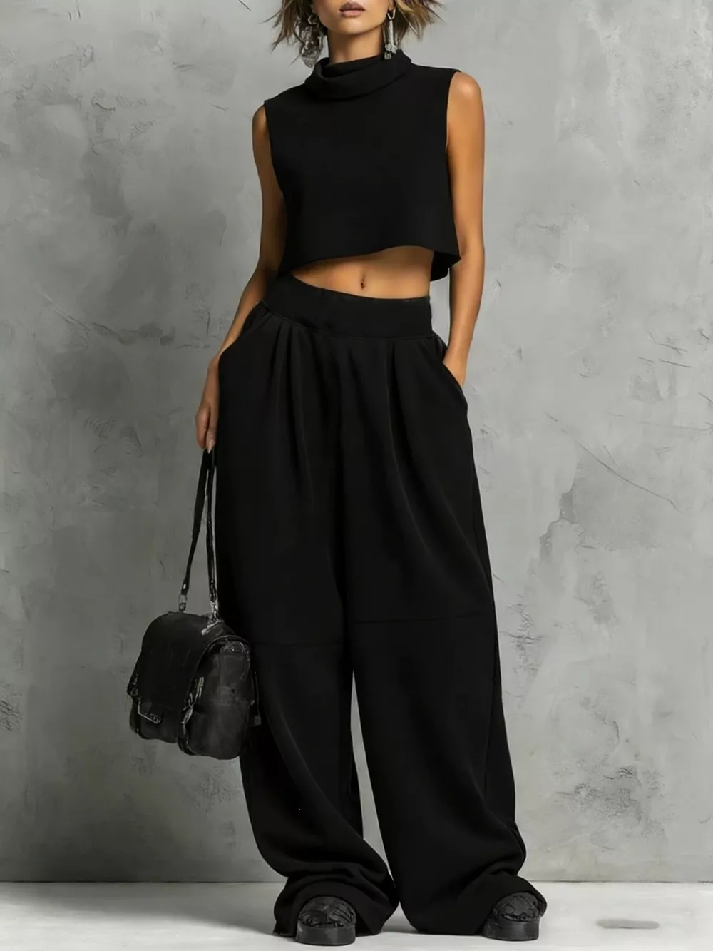 Sleeveless Mock Neck Crop Top and Wide-Leg Sweatpants Set