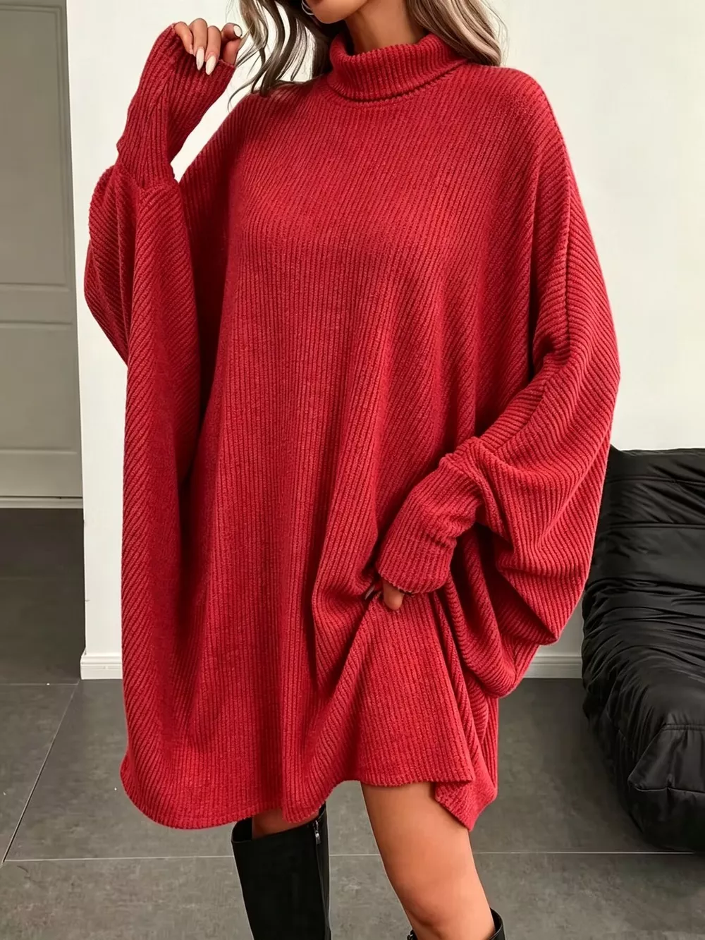 Oversized Batwing Sleeve Ribbed Knit Turtleneck Dress, image 11