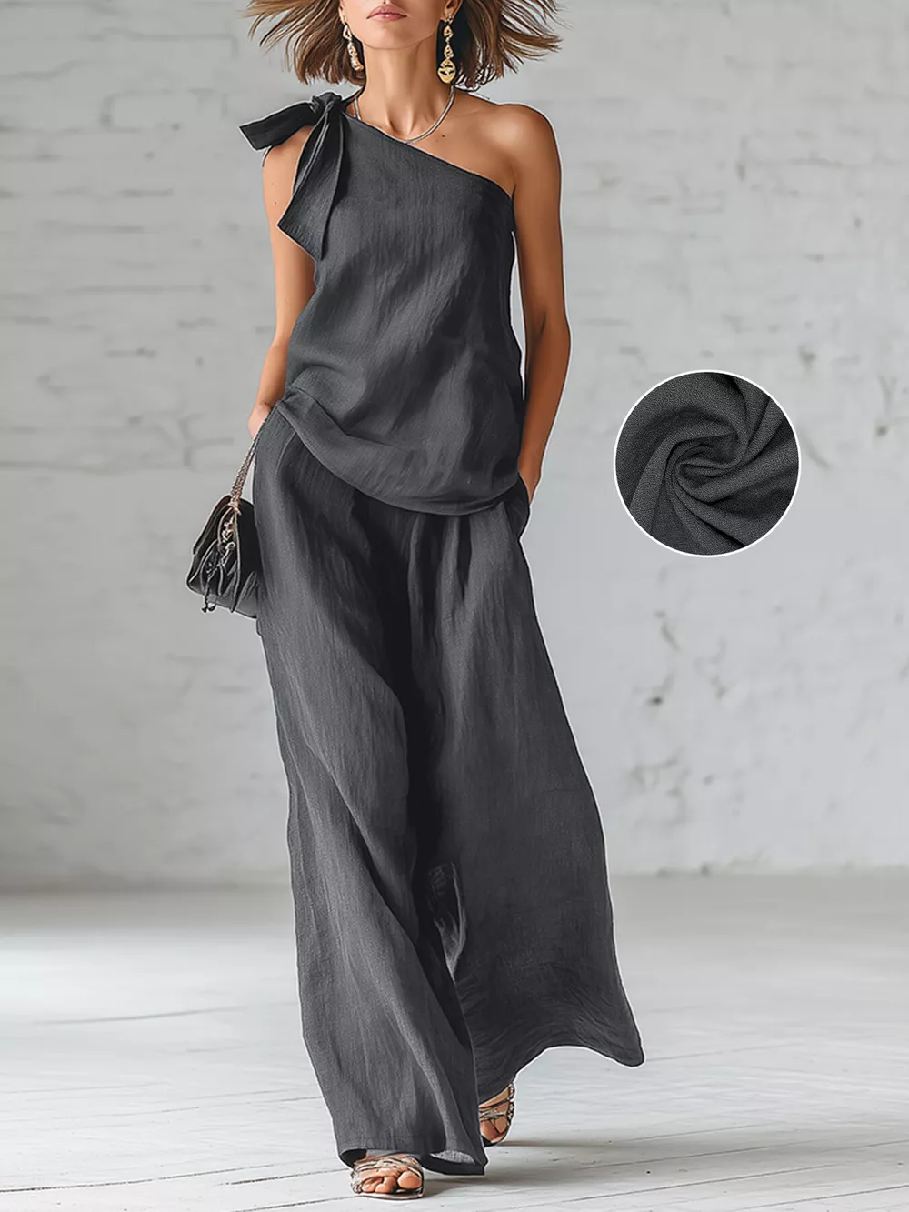 One-Shoulder Bow Tie Top and Wide-Leg Pants Casual Two-Piece Set