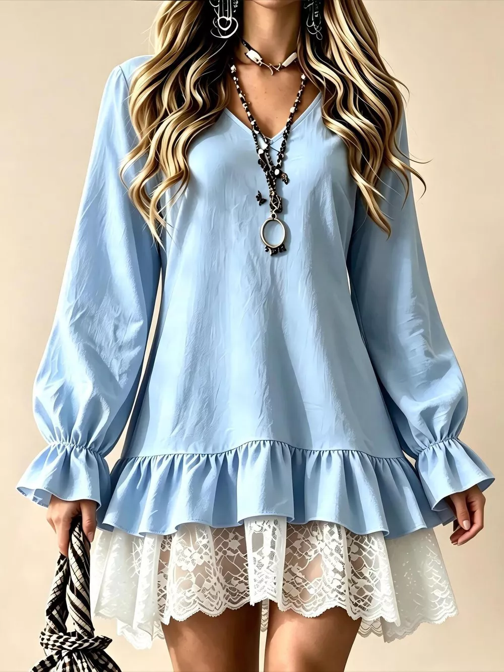 V-Neck Long Sleeve Ruffle Hem Lace Detail Dress, image 9