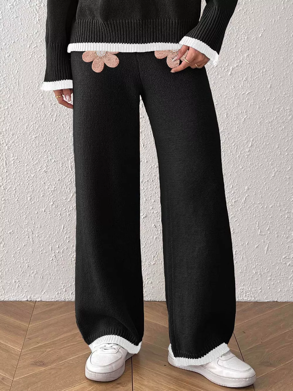 Floral Applique High-Waisted Wide-Leg Sweater Pants, image 8