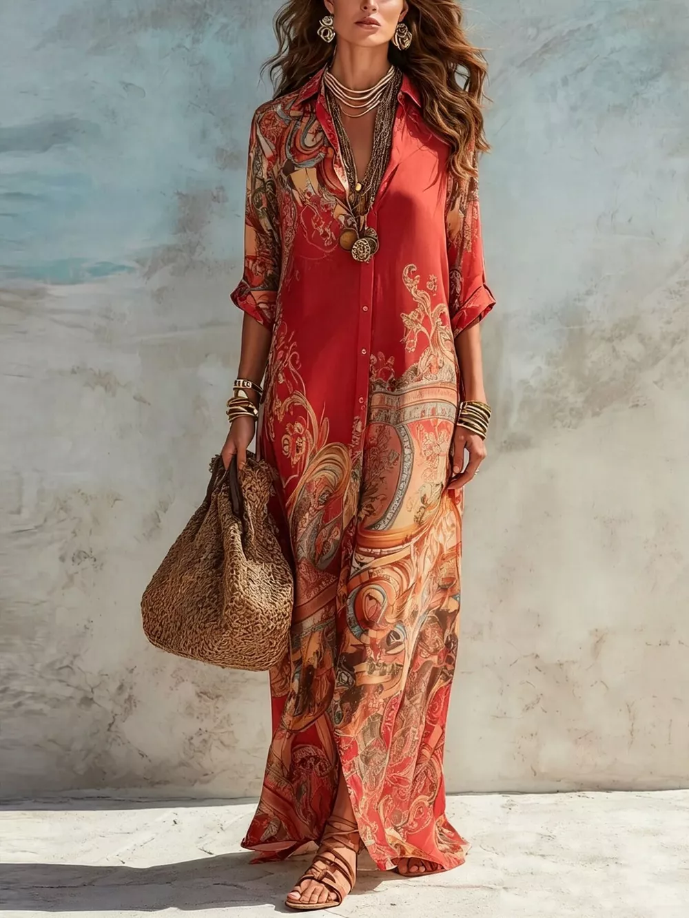 Full Size Printed Button-Down Maxi Shirt Dress Plus Size, image 4
