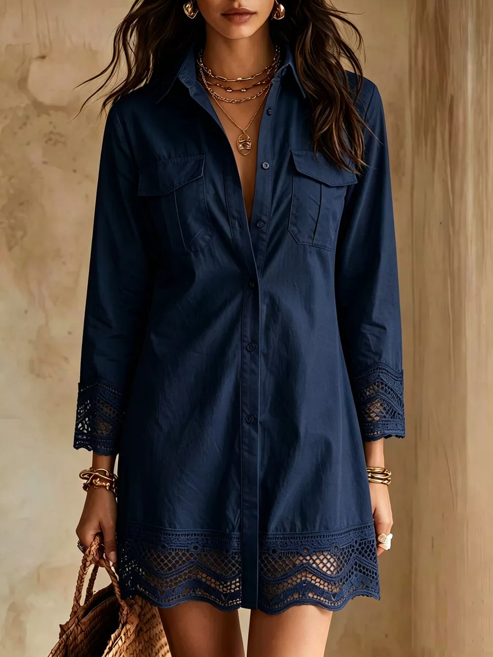 Button-Down Shirt Dress with Lace Trim, image 13