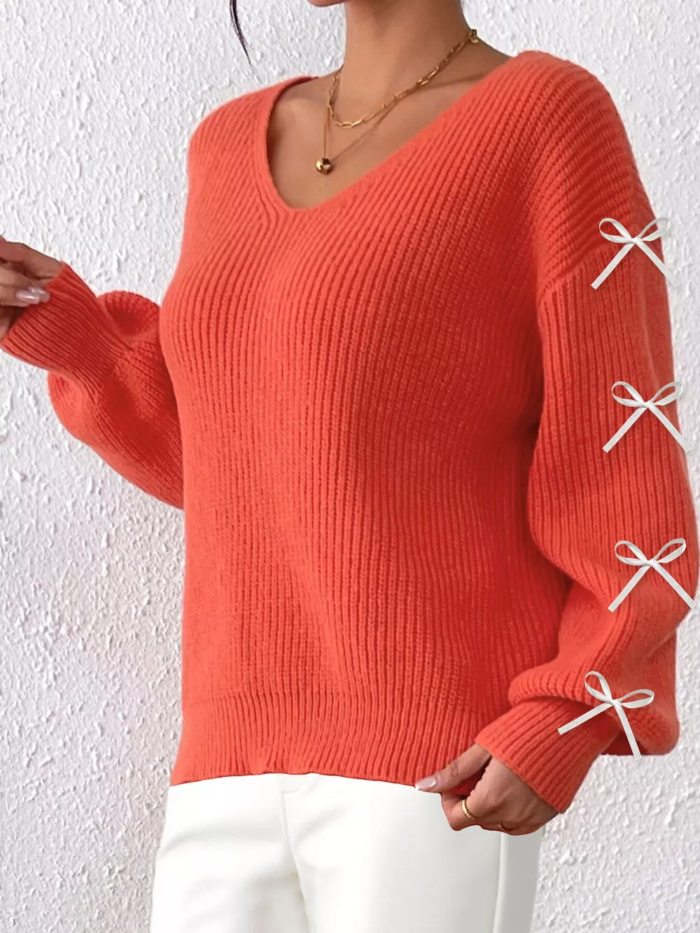 Bow-Tie Sleeve V-Neck Sweater, image 12