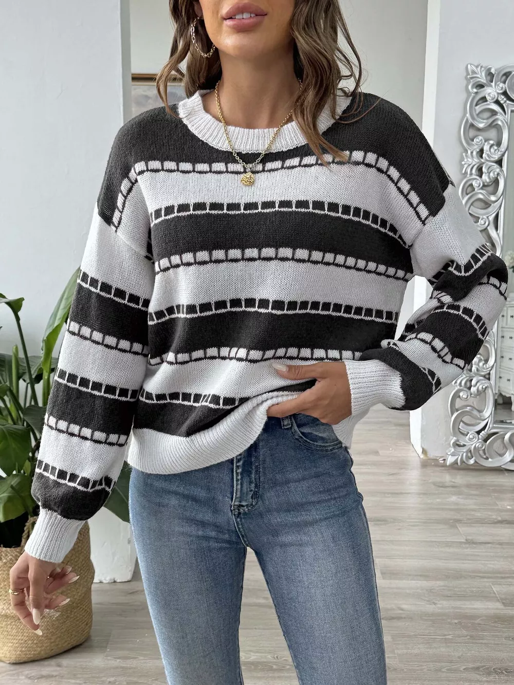Striped Knit Dropped Shoulder Sweater, image 8