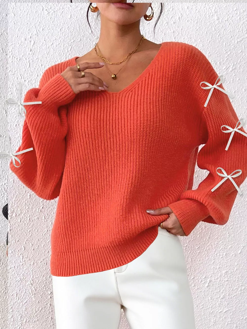 Bow-Tie Sleeve V-Neck Sweater, image 14