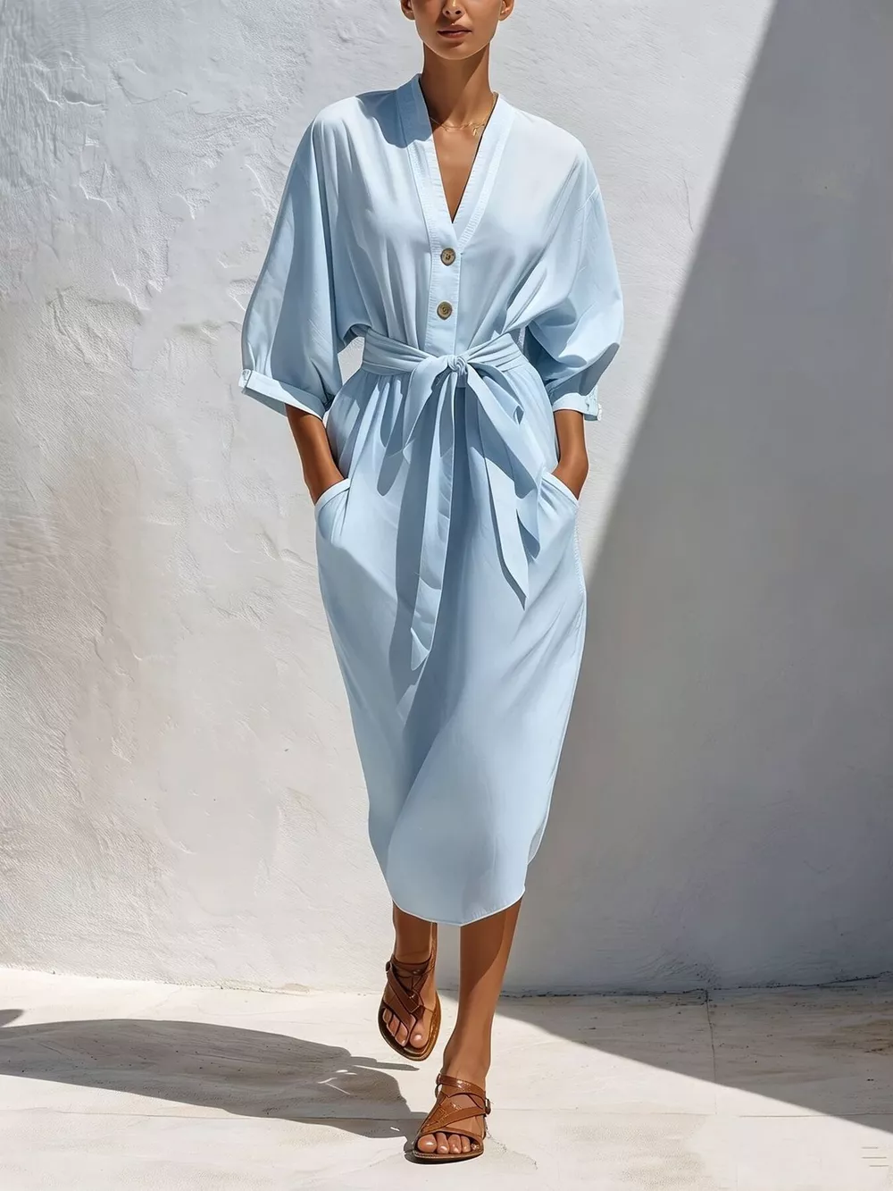 Full Size Tie Waist V-Neck Midi Dress Plus Size, image 8