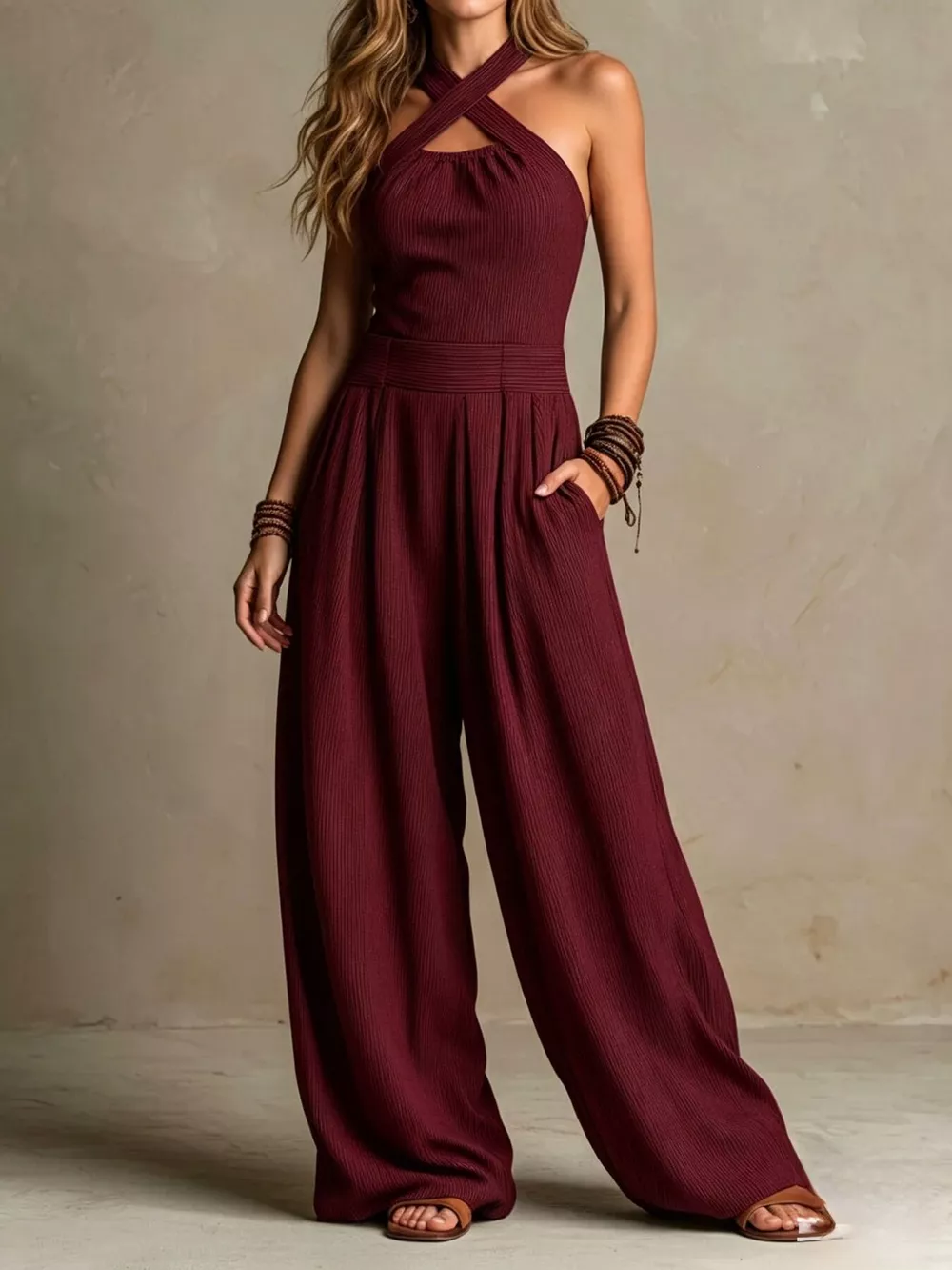 Halter Neck Wide-Leg Jumpsuit with Pockets, image 5