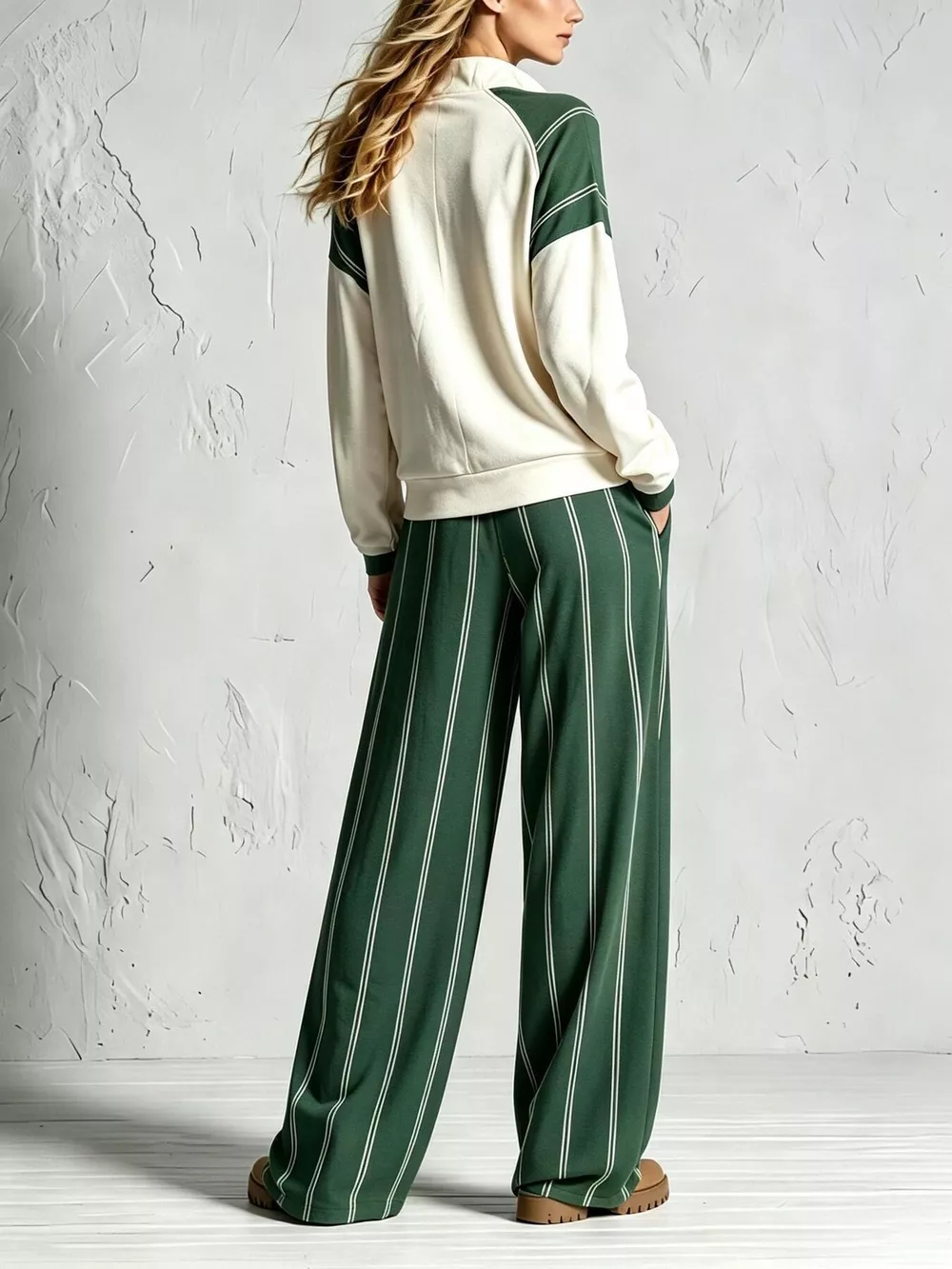 Quarter-Zip Sweatshirt and Striped Wide-Leg Pants Set, image 2