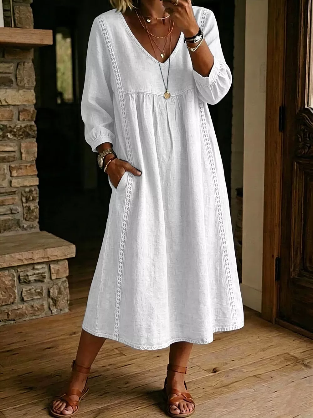 Full Size Lace Trim Long Sleeve Midi Dress Plus Size, image 6