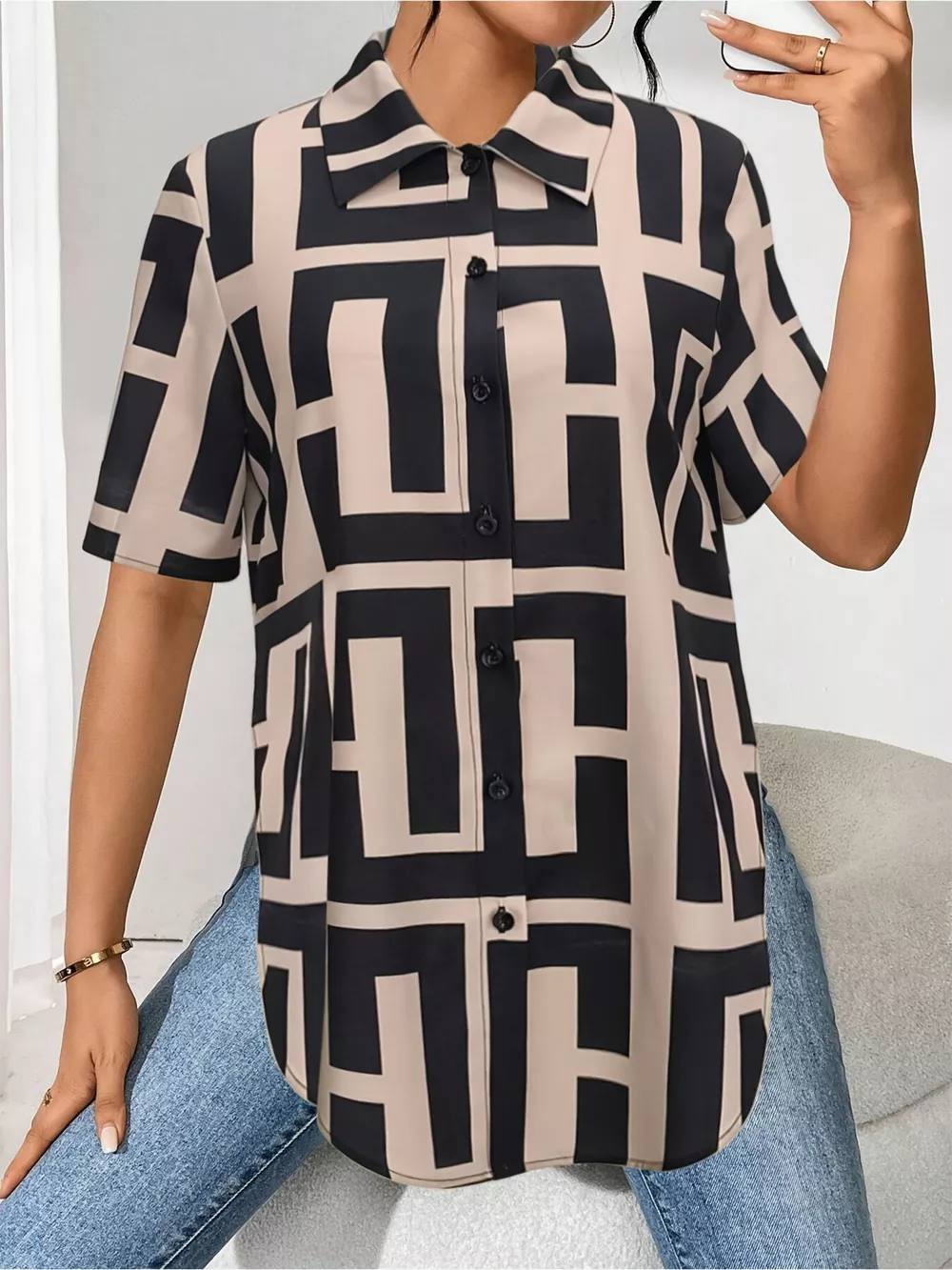Geometric Print Button-Down Short Sleeve Shirt, image 2