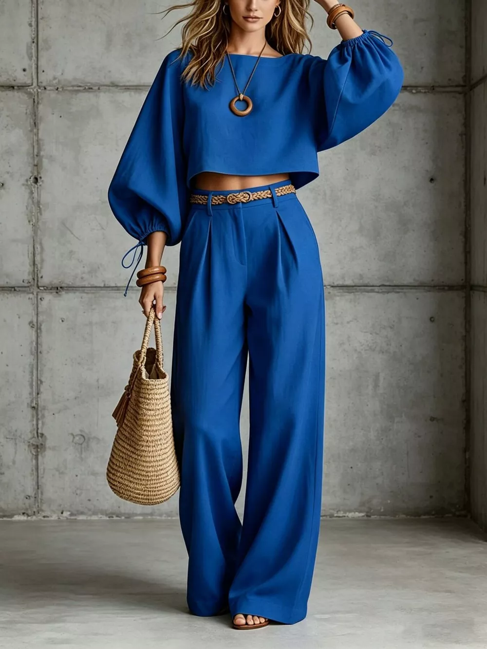 Balloon Sleeve Crop Top and Wide-Leg Pants Set, image 7