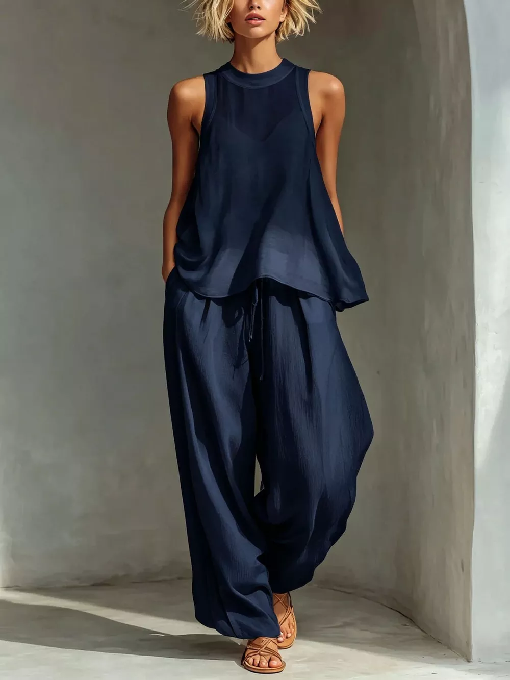 Full Size Sheer Sleeveless Top and Wide-Leg Pants Set Plus Size, image 8
