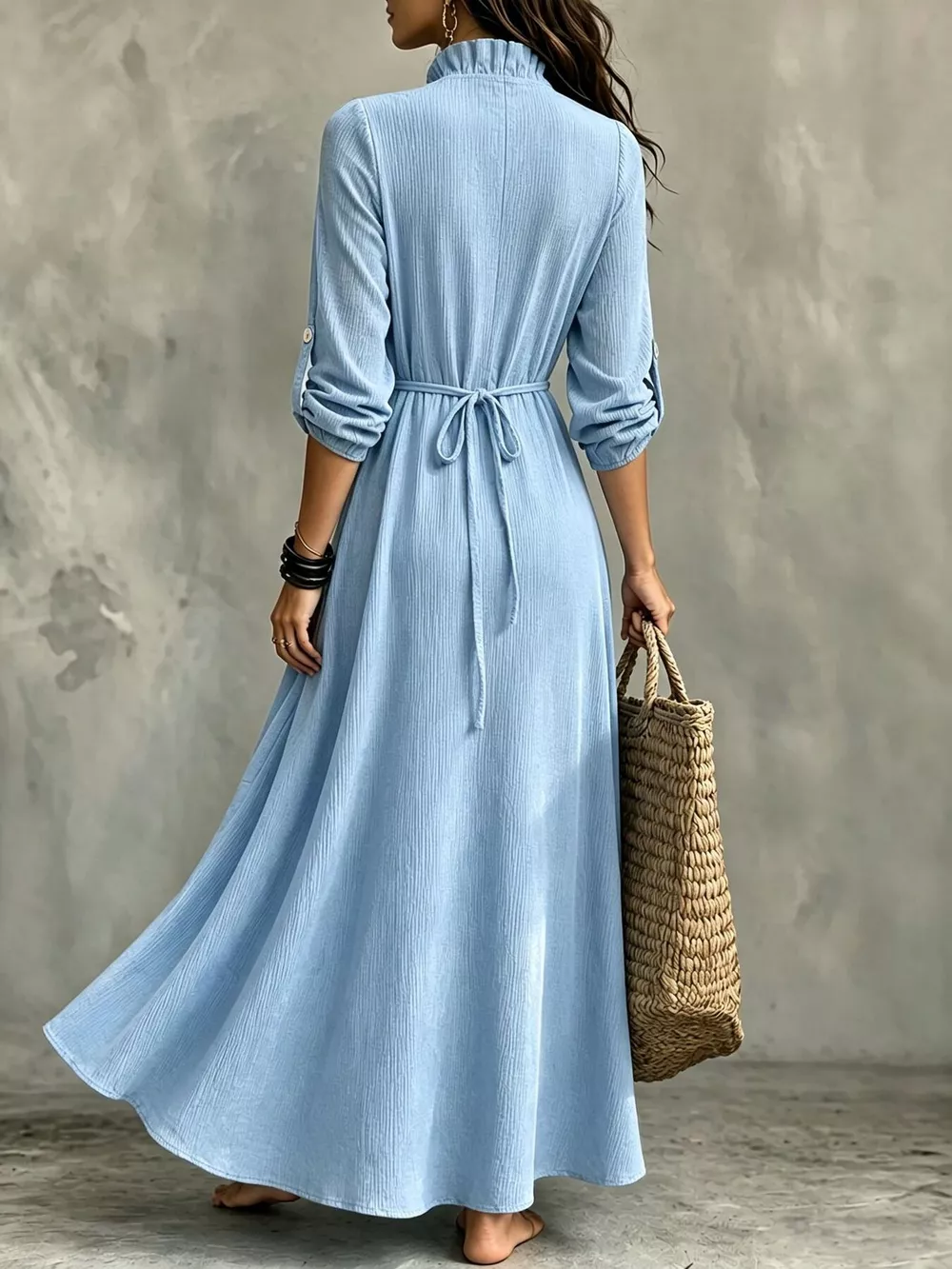 Full Size V-Neck Maxi Dress with Roll-Up Sleeves Plus Size, image 11