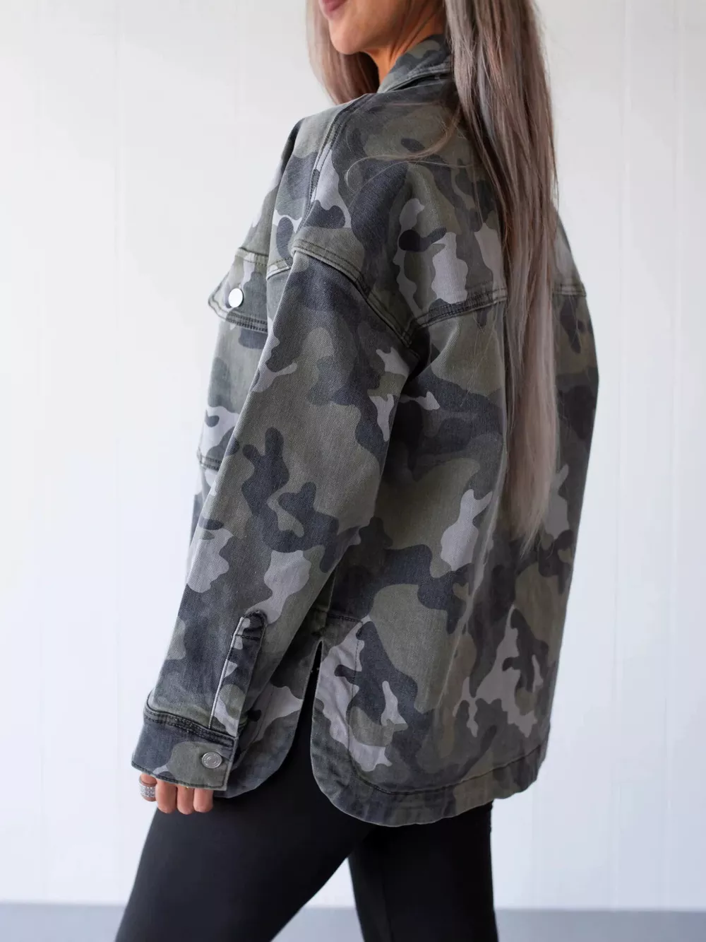 Oversized Camouflage Print Button Up Denim Jacket, image 4