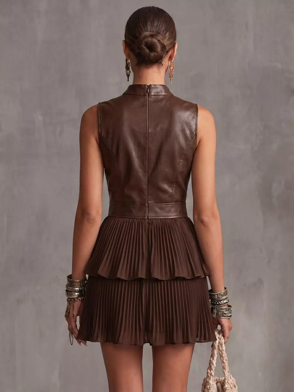 Sleeveless Faux Leather Layered Pleated Mini Dress, image 8