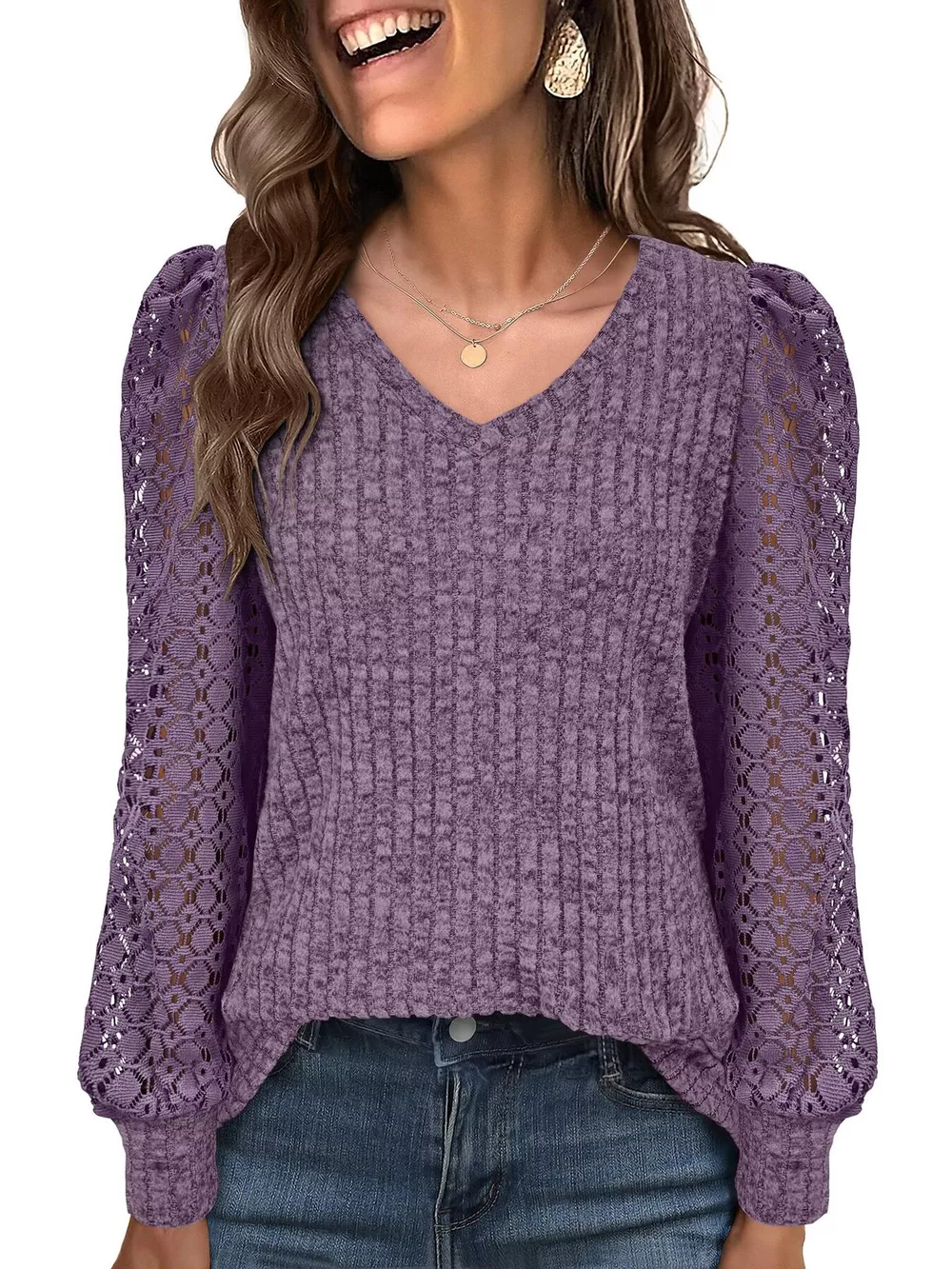 Lace Sleeve V-Neck T-Shirt, image 6