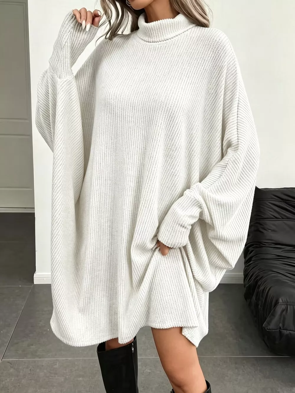Oversized Batwing Sleeve Ribbed Knit Turtleneck Dress, image 14