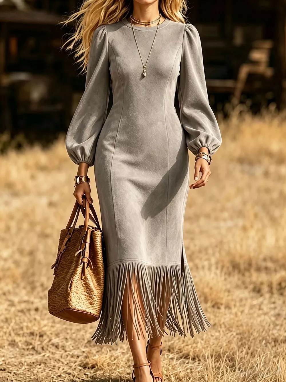 Fringe Round Neck Balloon Sleeve Dress, image 7