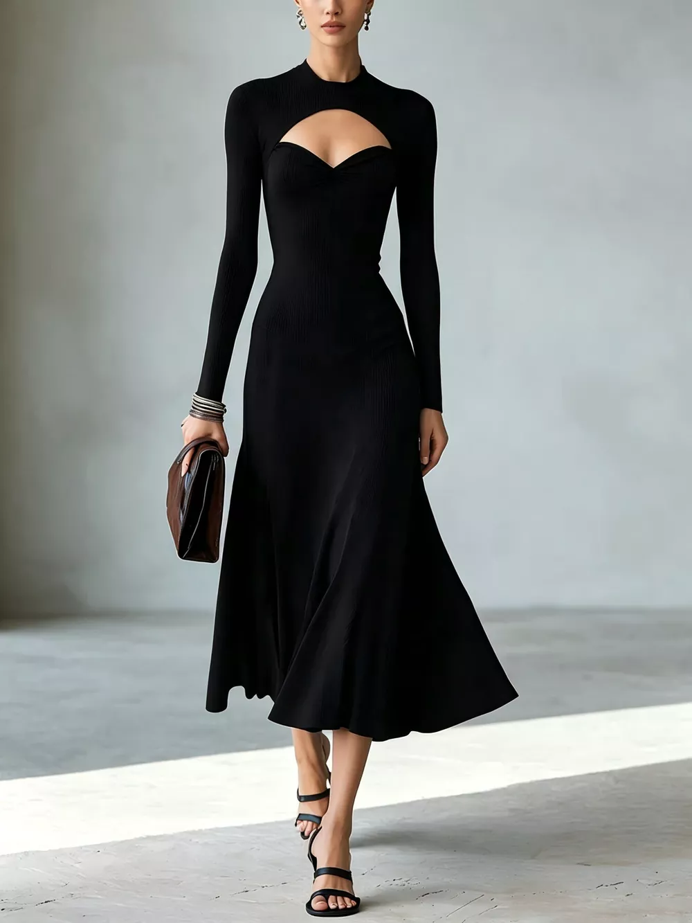 Full Size Mock Neck Cut-Out Long Sleeve Midi Dress Plus Size