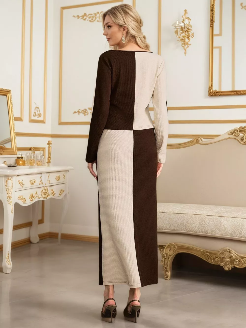 Two-Tone Long Sleeve Top and Maxi Skirt Set, image 4