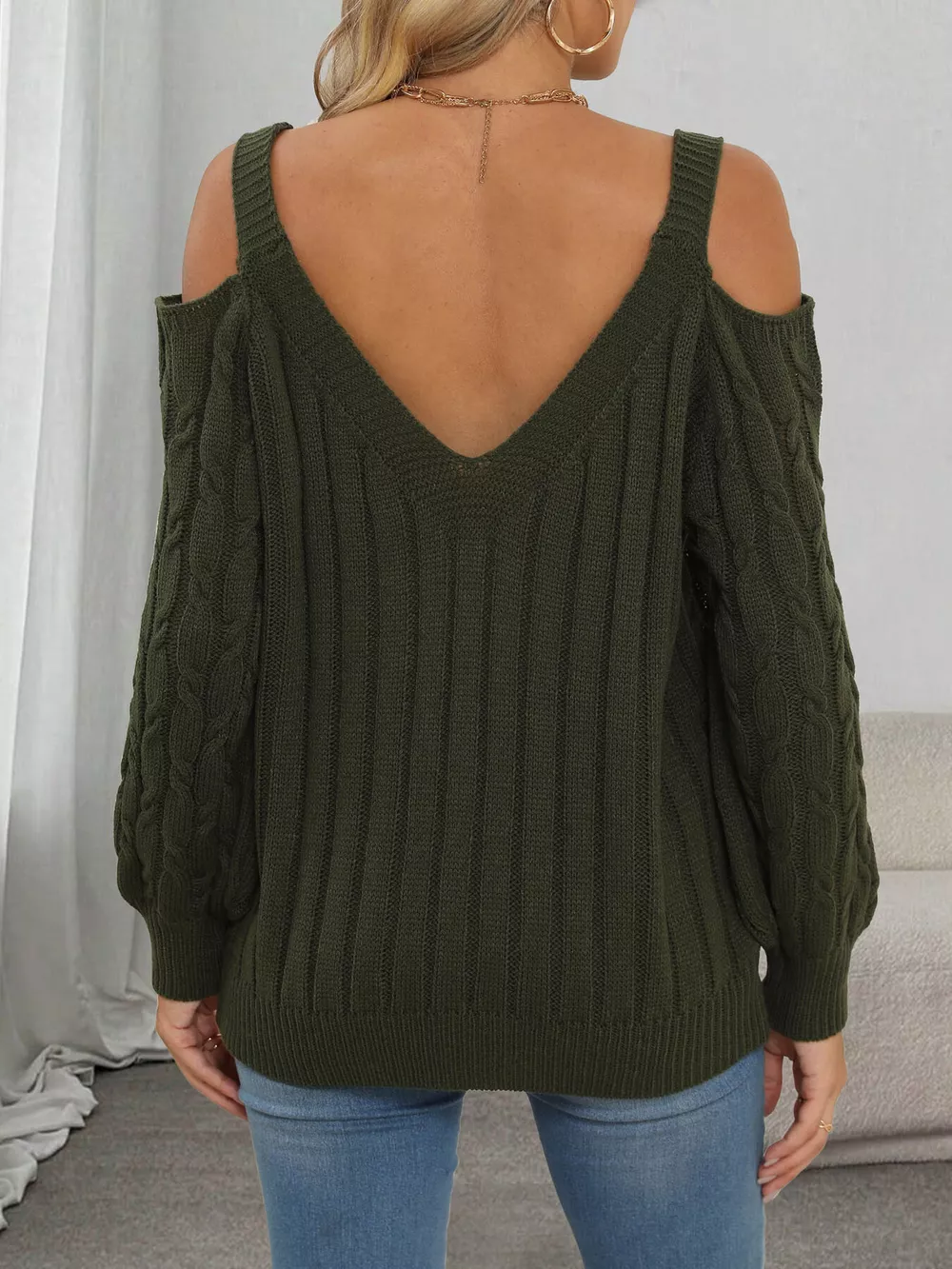 Floral Applique Cold Shoulder Cable Knit Sweater, image 12