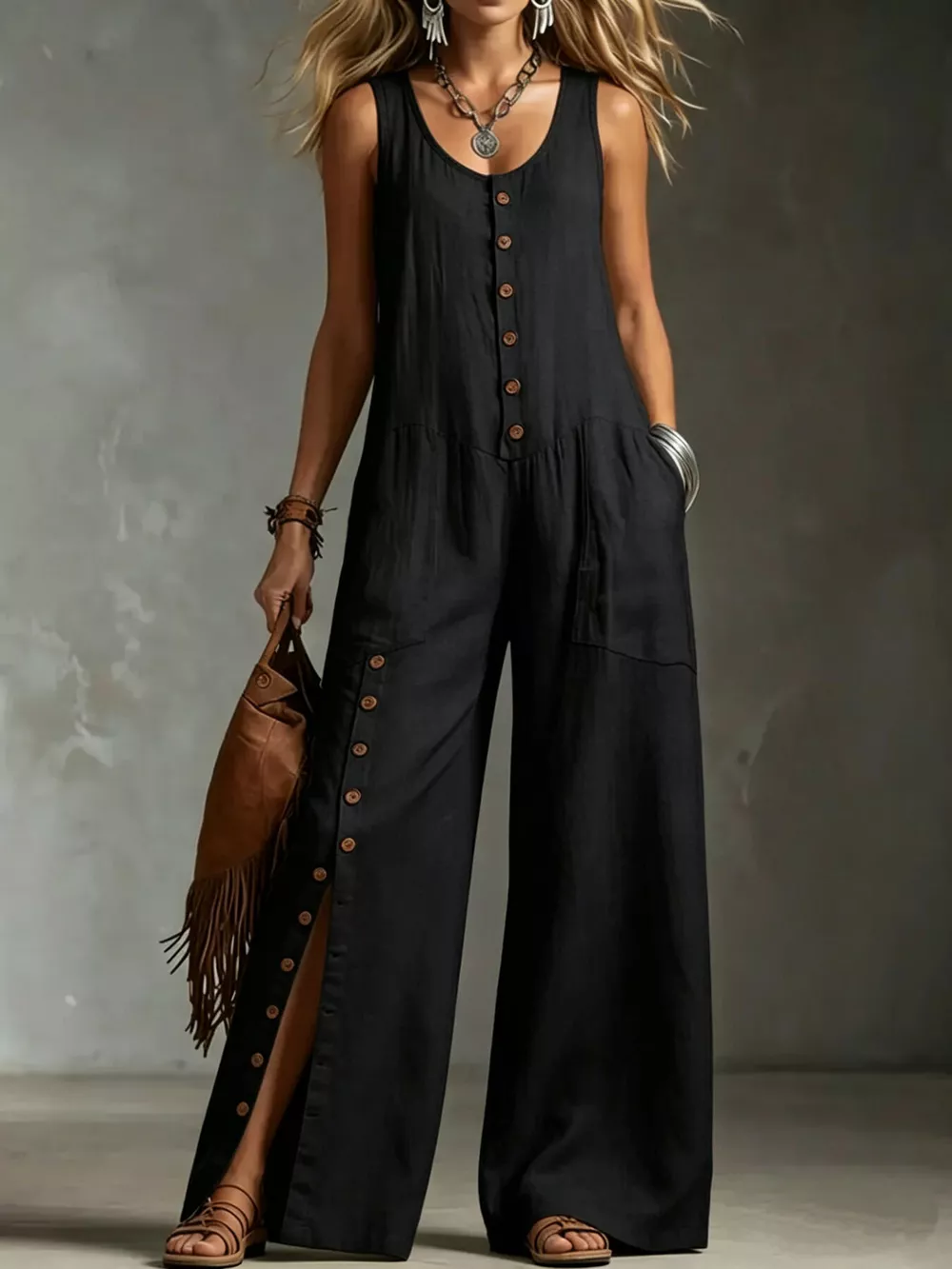 Full Size Sleeveless Button-Down Wide-Leg Jumpsuit Plus Size, image 5