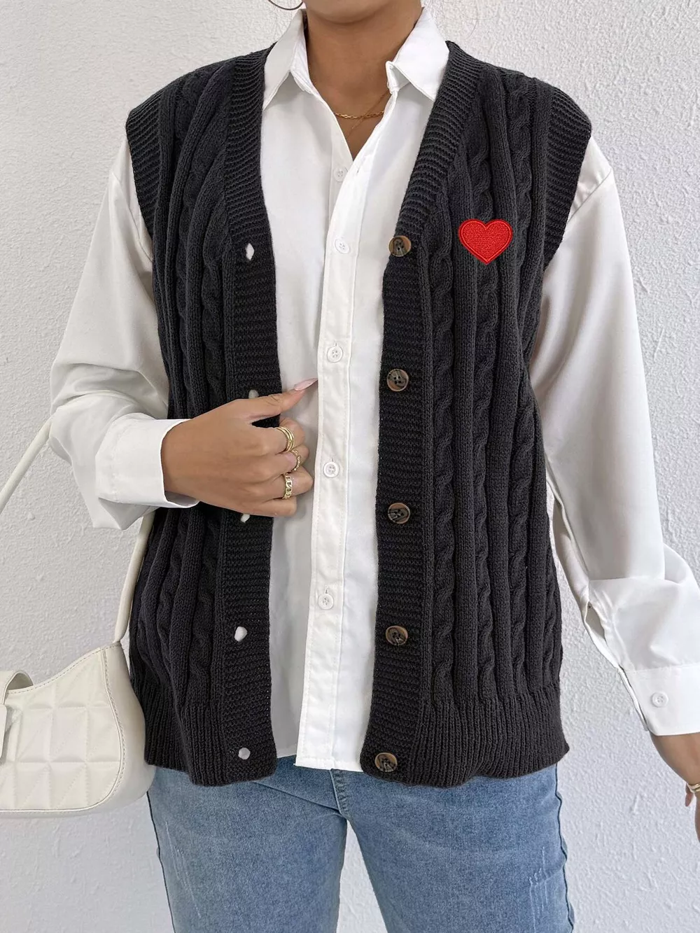 V-Neck Cable Knit Button-Down Sweater Vest with Heart Embroidery