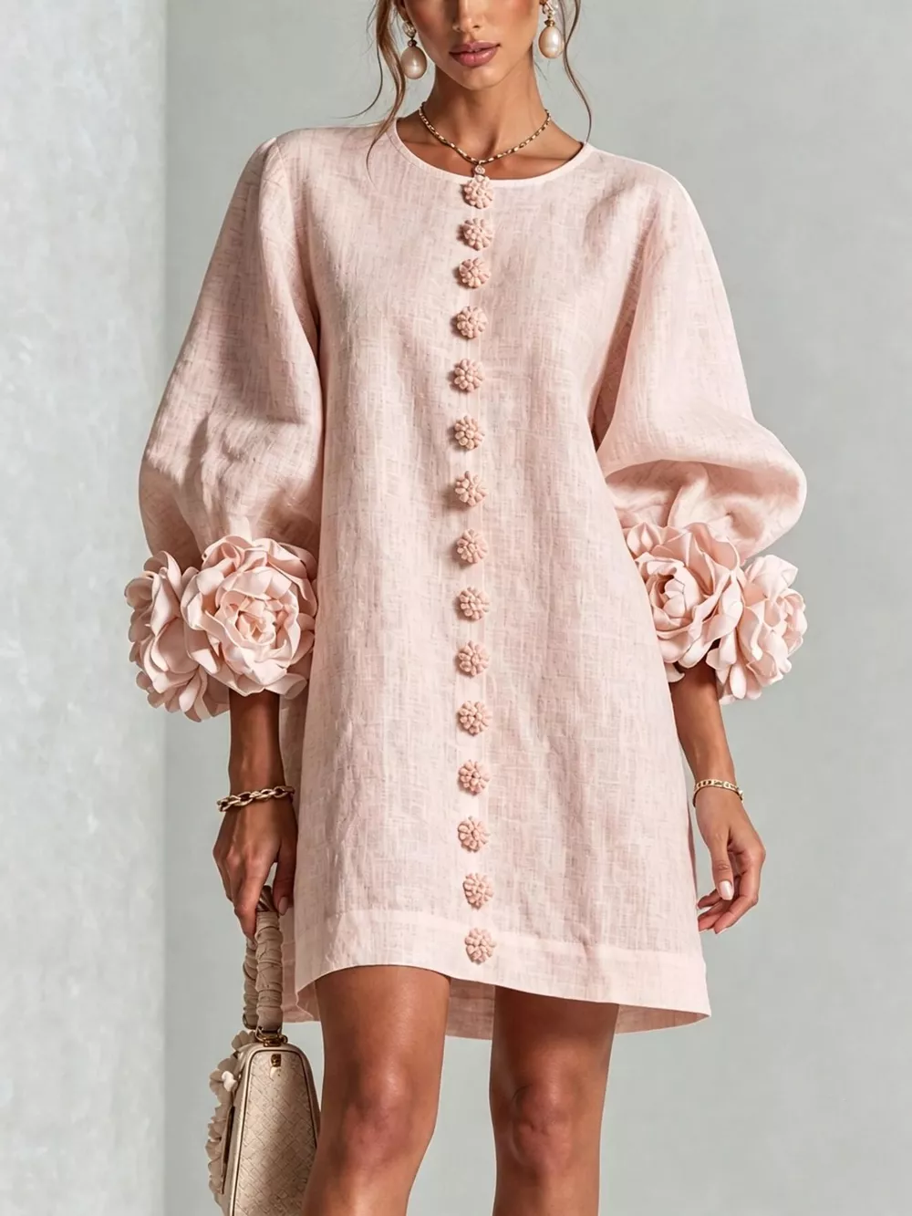 Full Size 3D Floral Sleeve Round Neck Dress Plus Size