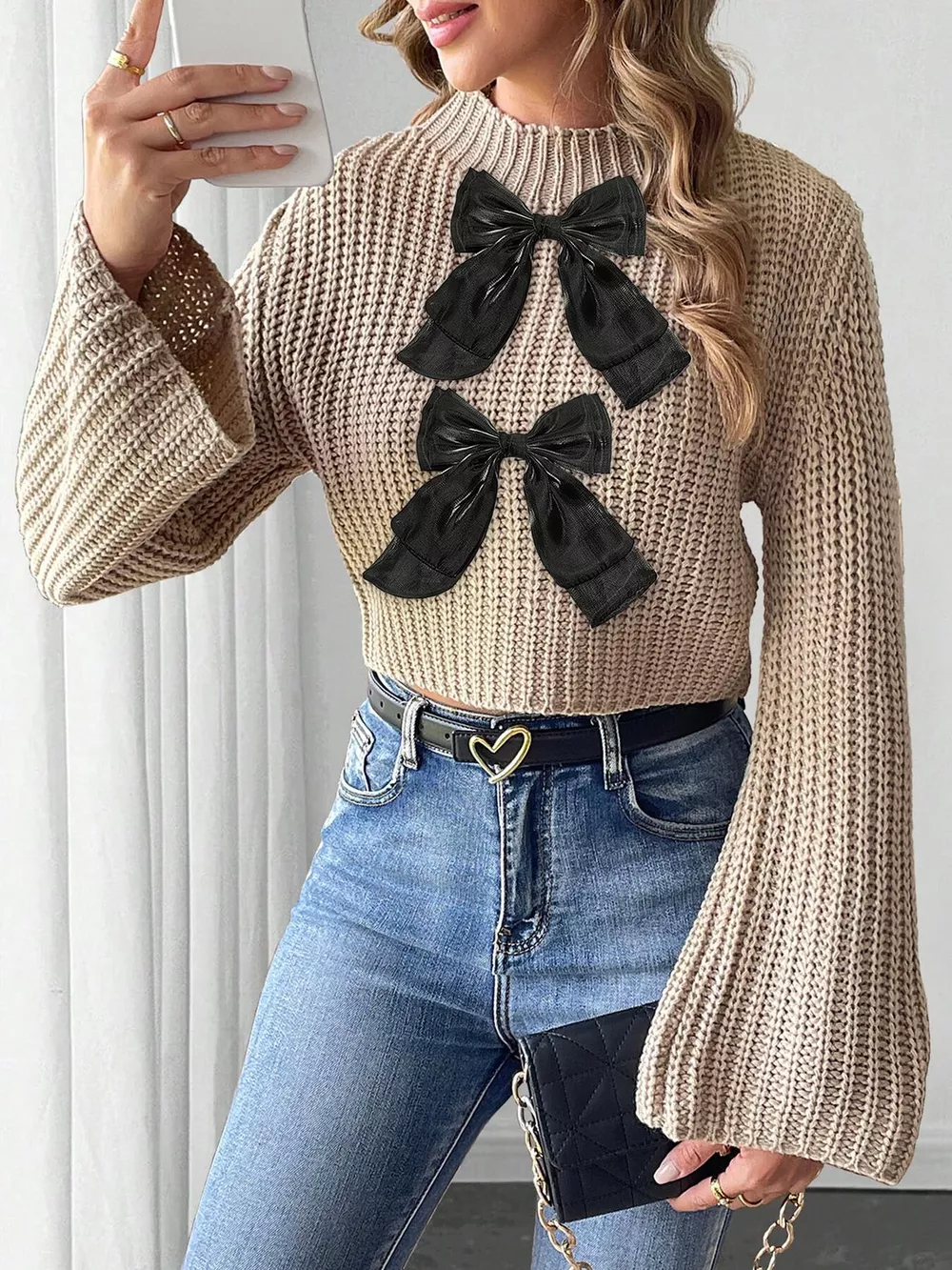 Bow-Decorated Mock Neck Cropped Sweater, image 4