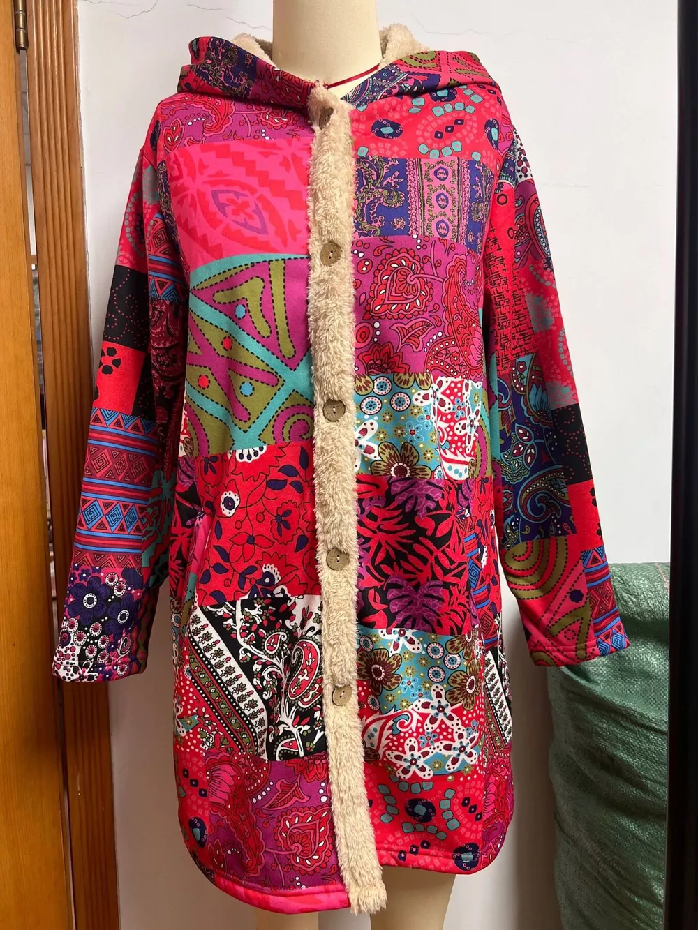 Bohemian Patchwork Fleece Lined Hooded Outerwear, image 2