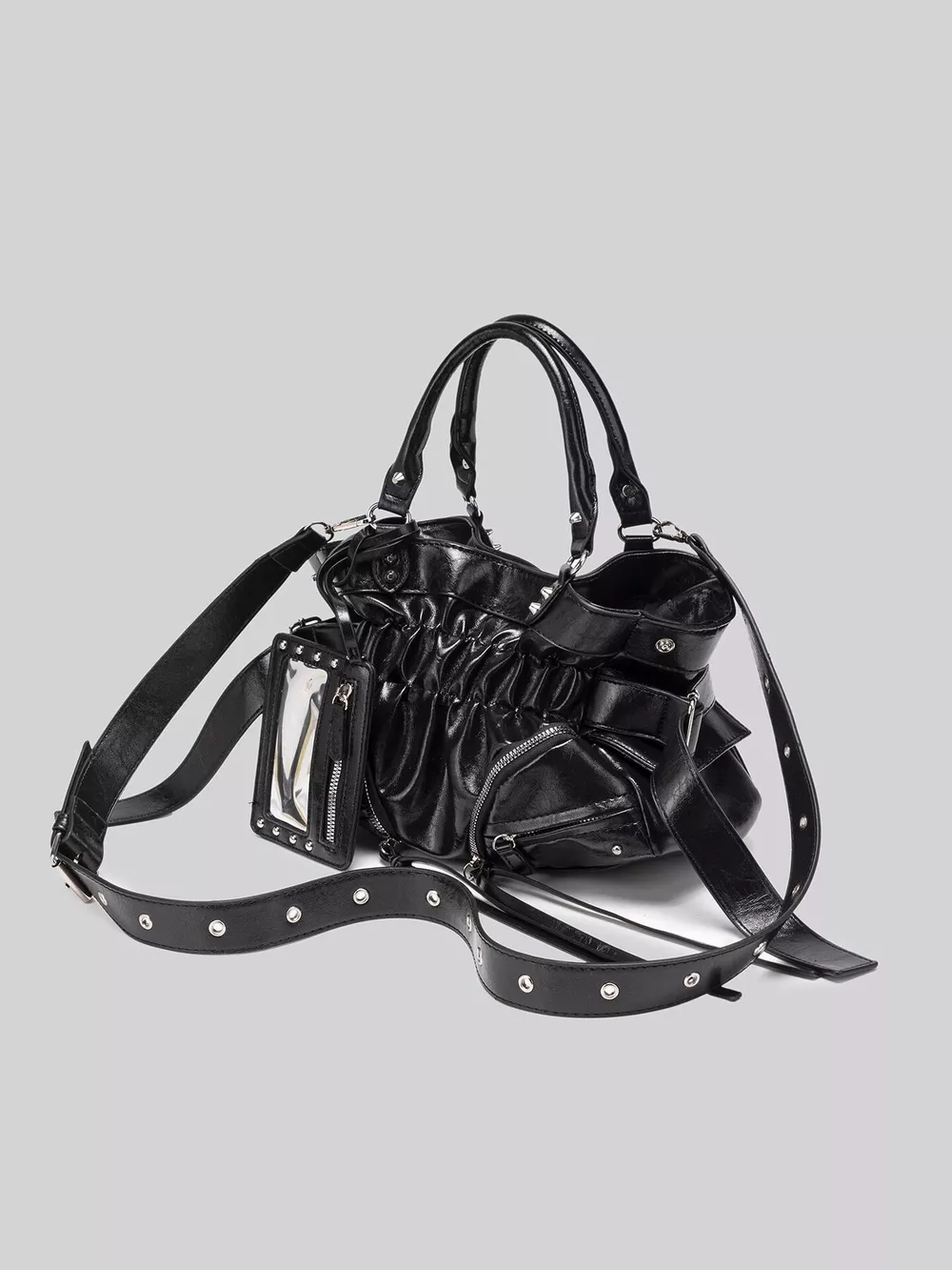 Patent Leather Ruched Crossbody Bag with Detachable Card Holder, image 7