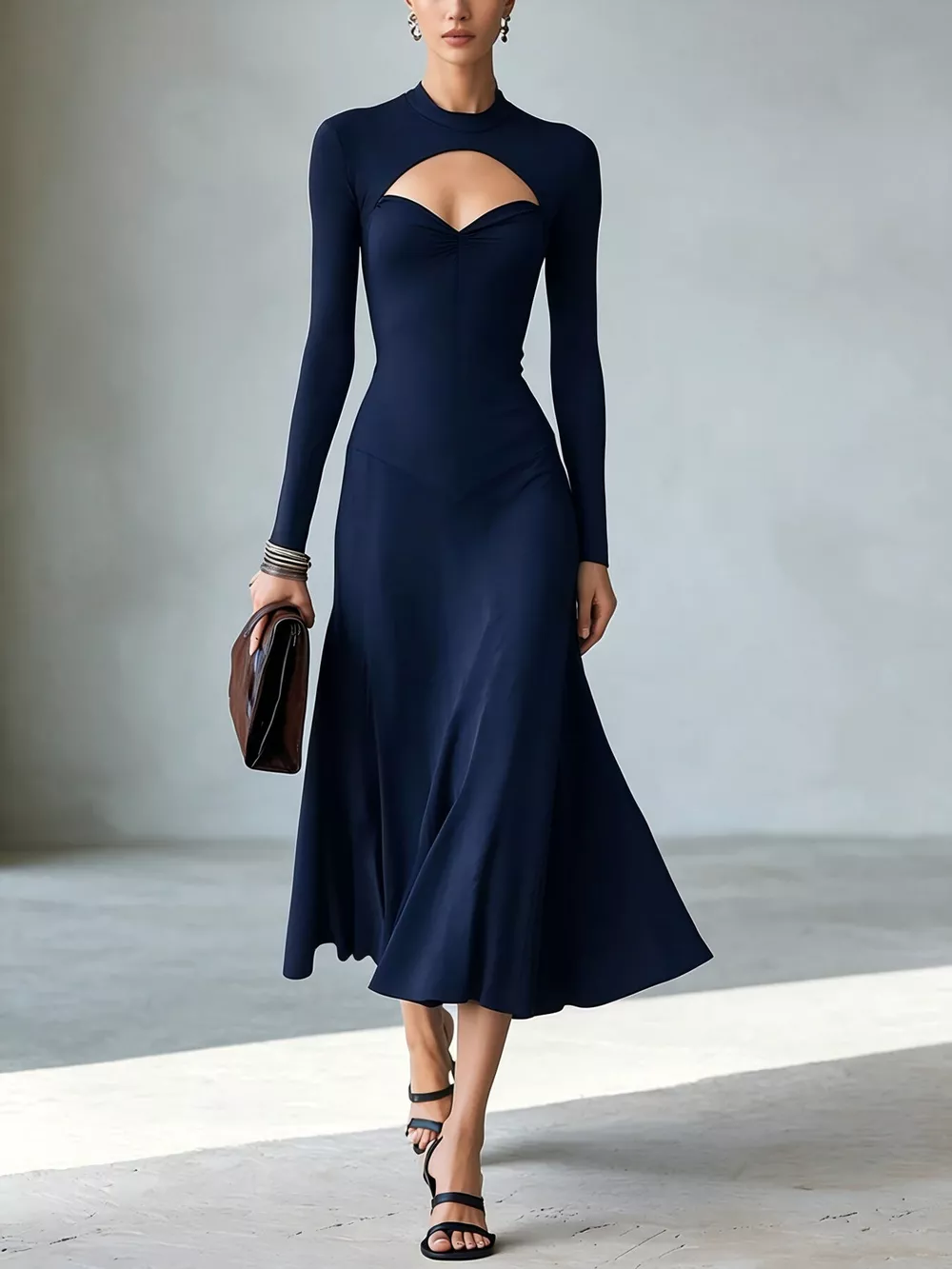 Full Size Mock Neck Cut-Out Long Sleeve Midi Dress Plus Size, image 16