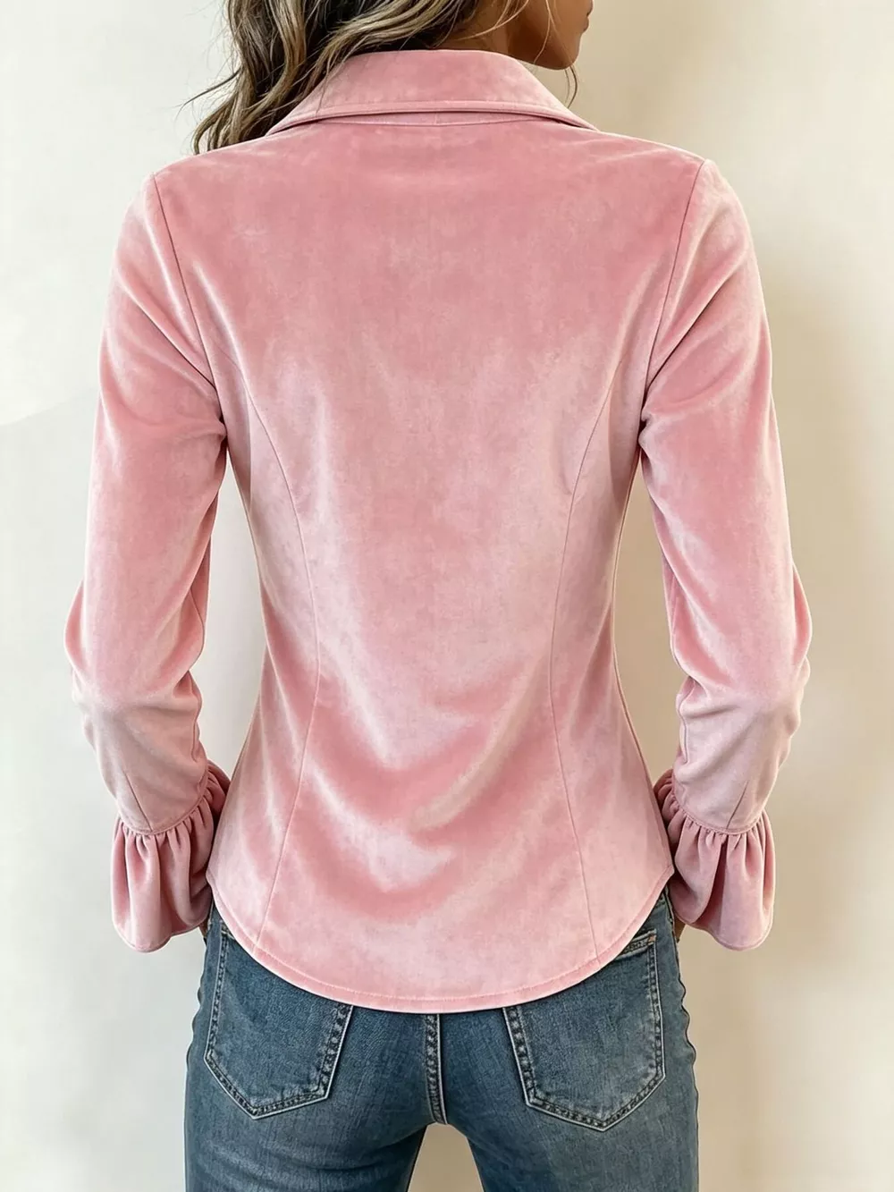 Velvet Button-Down Flounce Sleeve Shirt, image 3