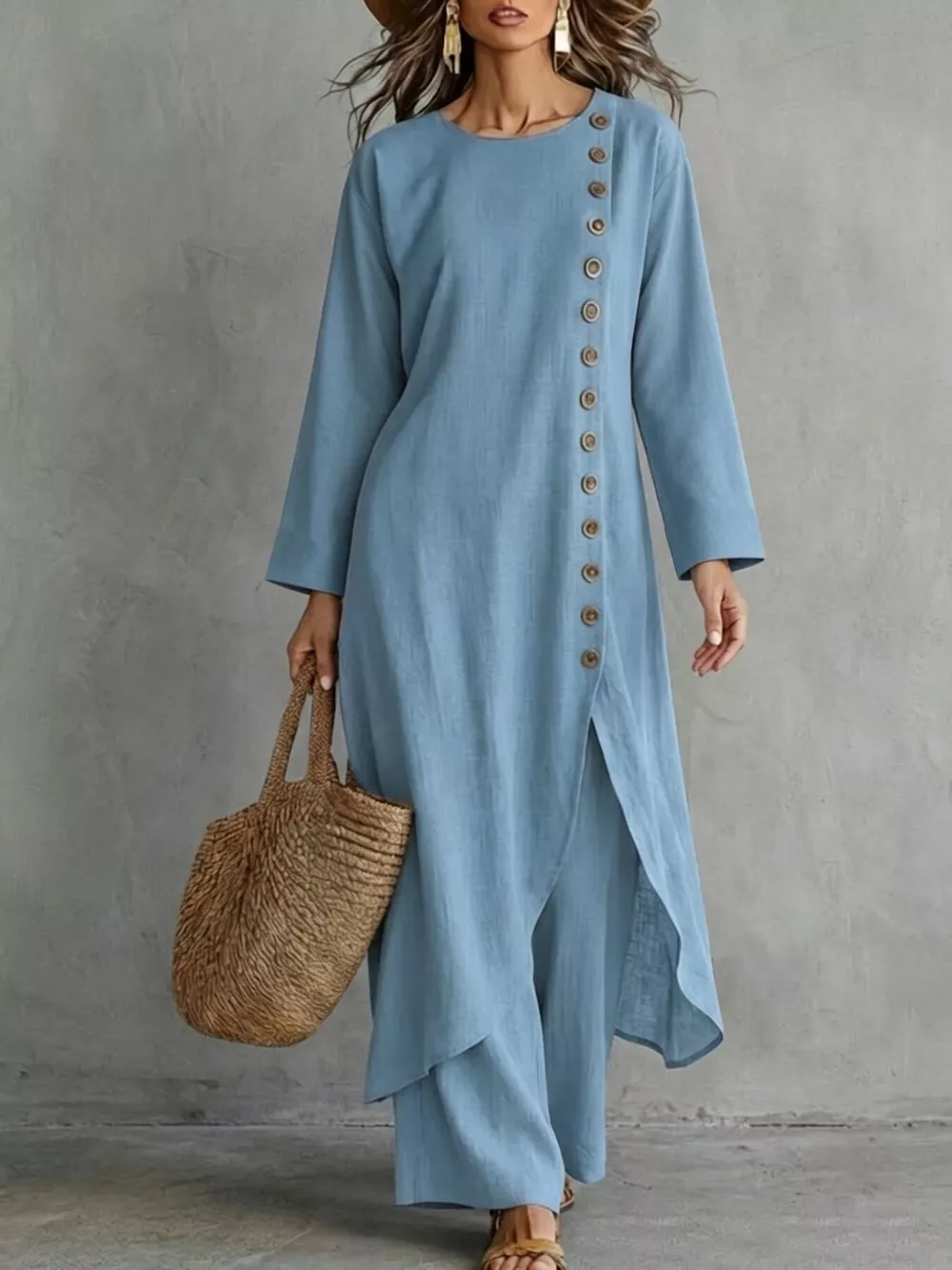 Full Size Side-Buttoned Longline Top and Pants Set Plus Size, image 10