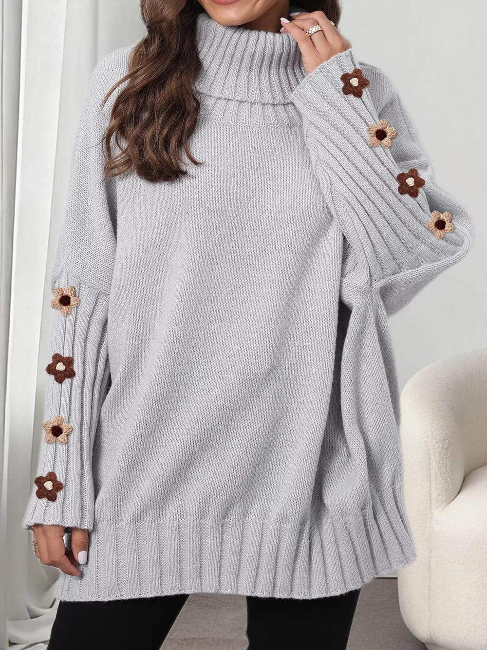 Oversized Turtleneck Sweater with Floral Applique Sleeves, image 11