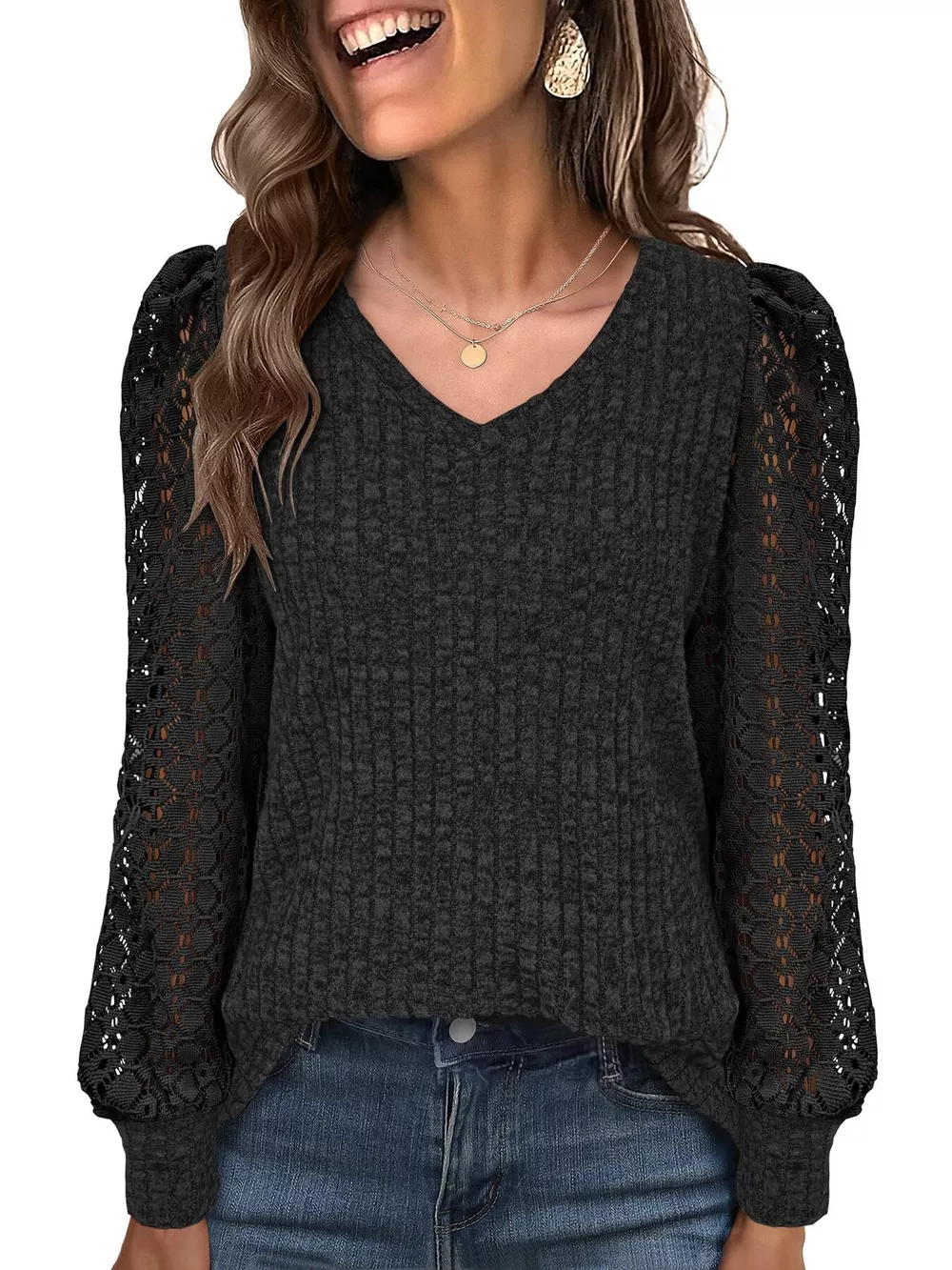 Lace Sleeve V-Neck T-Shirt, image 15