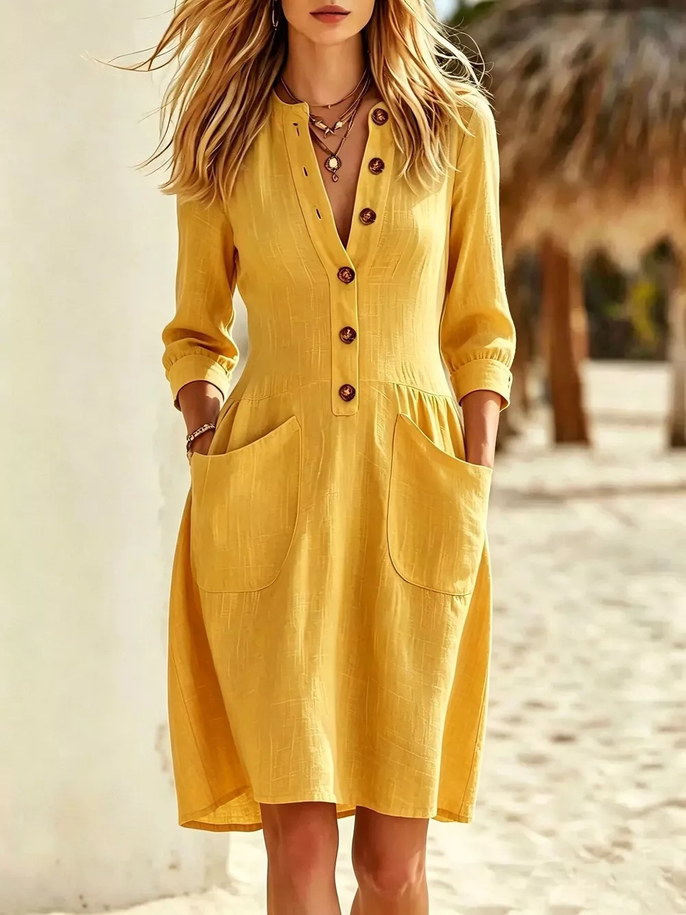 Full Size Button Front Long Sleeve Dress Plus Size, image 2