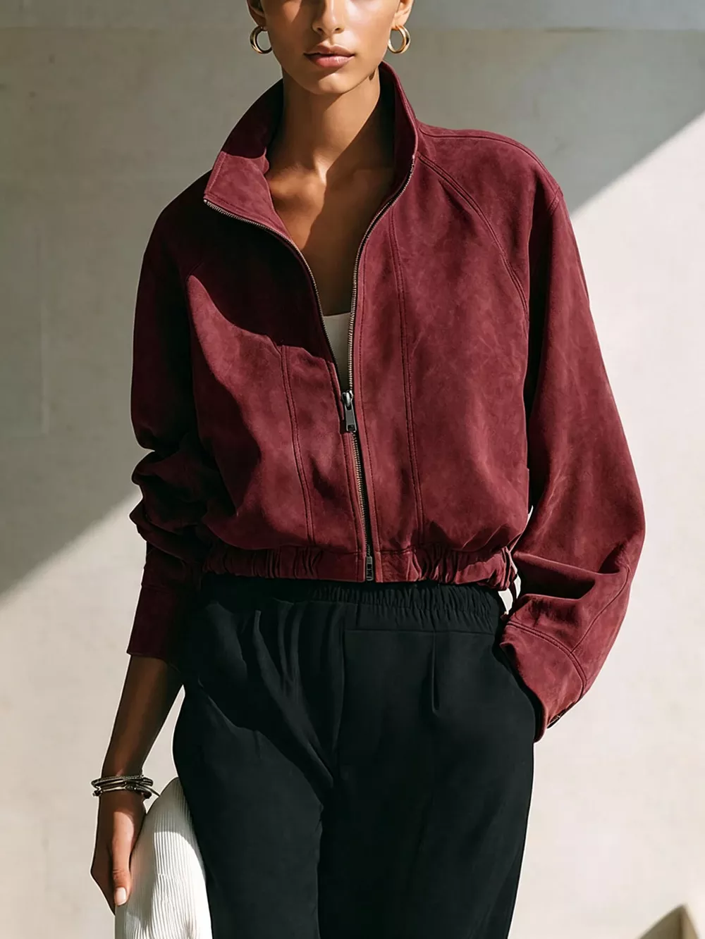 Suede Zip-Up Stand Collar Cropped Jacket, image 7